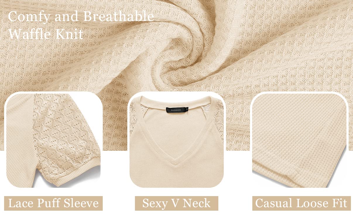 MEROKEETY Women's Summer Lace Short Sleeve V-Neck Blouse - Loose Casual Waffle Knit Top for Beach, Vacation & Everyday Wear