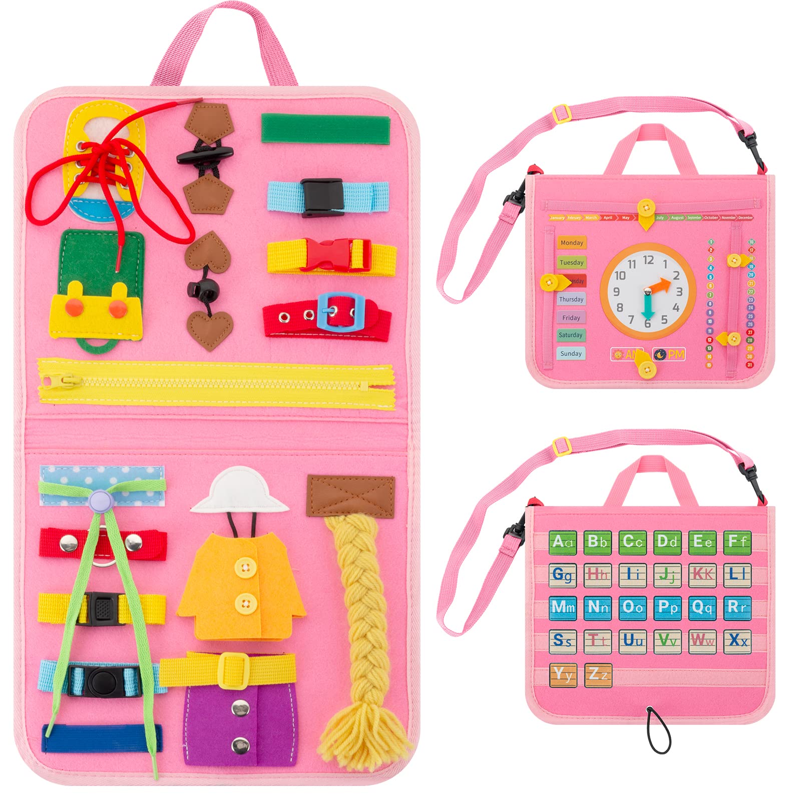 27-in-1 Montessori Busy Board for Toddlers - Preschool Learning Toy for Basic Dress Skills & Sensory Development - Travel Educational Activity Board for Autistic Kids (Pink) | Perfect for Airplane Travel, Home Learning & Early Childhood Development