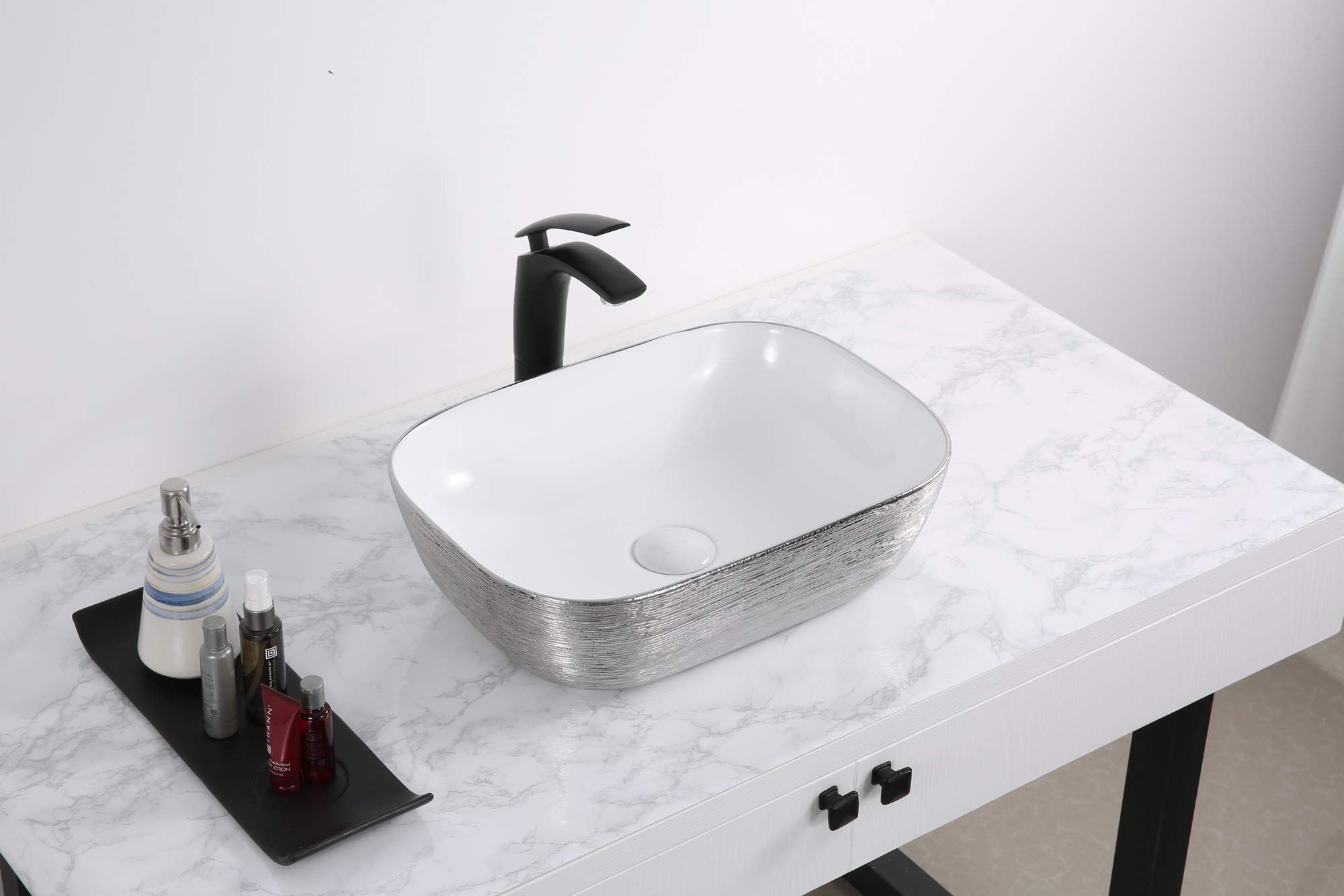 Ruvati 20 x 16 Inch White Ceramic Rectangular Bathroom Vessel Sink - RVB2016WS | Modern Above Counter Vanity Sink for Small Bathrooms, Powder Rooms & Guest Baths | Durable & Stylish Silver Decorative Art Design