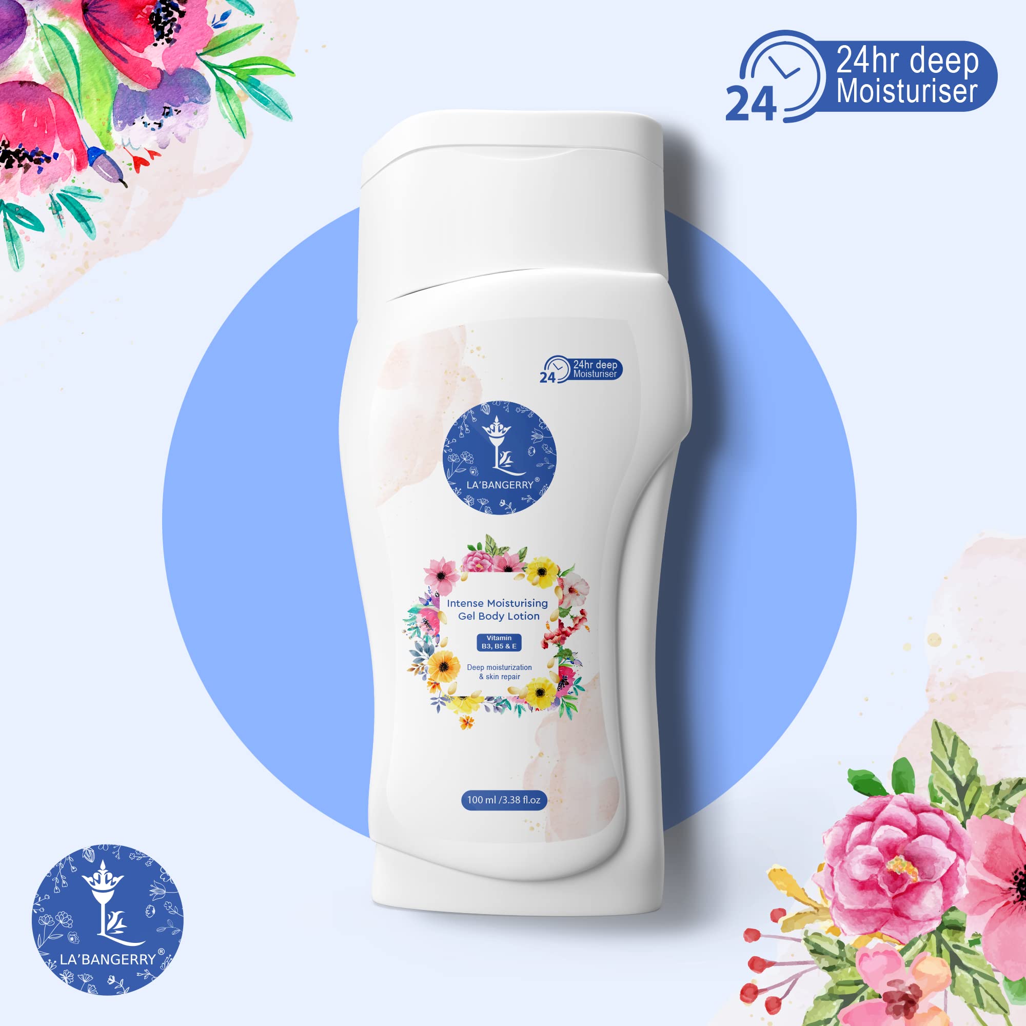 LA'BANGERRY Intense Moisturizing Gel Body Lotion - 48hr Hydration for Dry & Sensitive Skin | Vegan, Paraben-Free Plant Based Formula | 100ml Travel Size | Perfect for Daily Use, After Shower & Winter Care