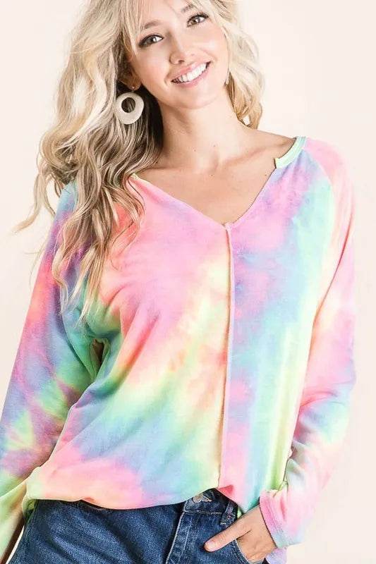 Bibi Tie Dye Terry Top with Contrast Stitching - Soft Pastel Colors | Women's Casual Loungewear for Summer & Beach
