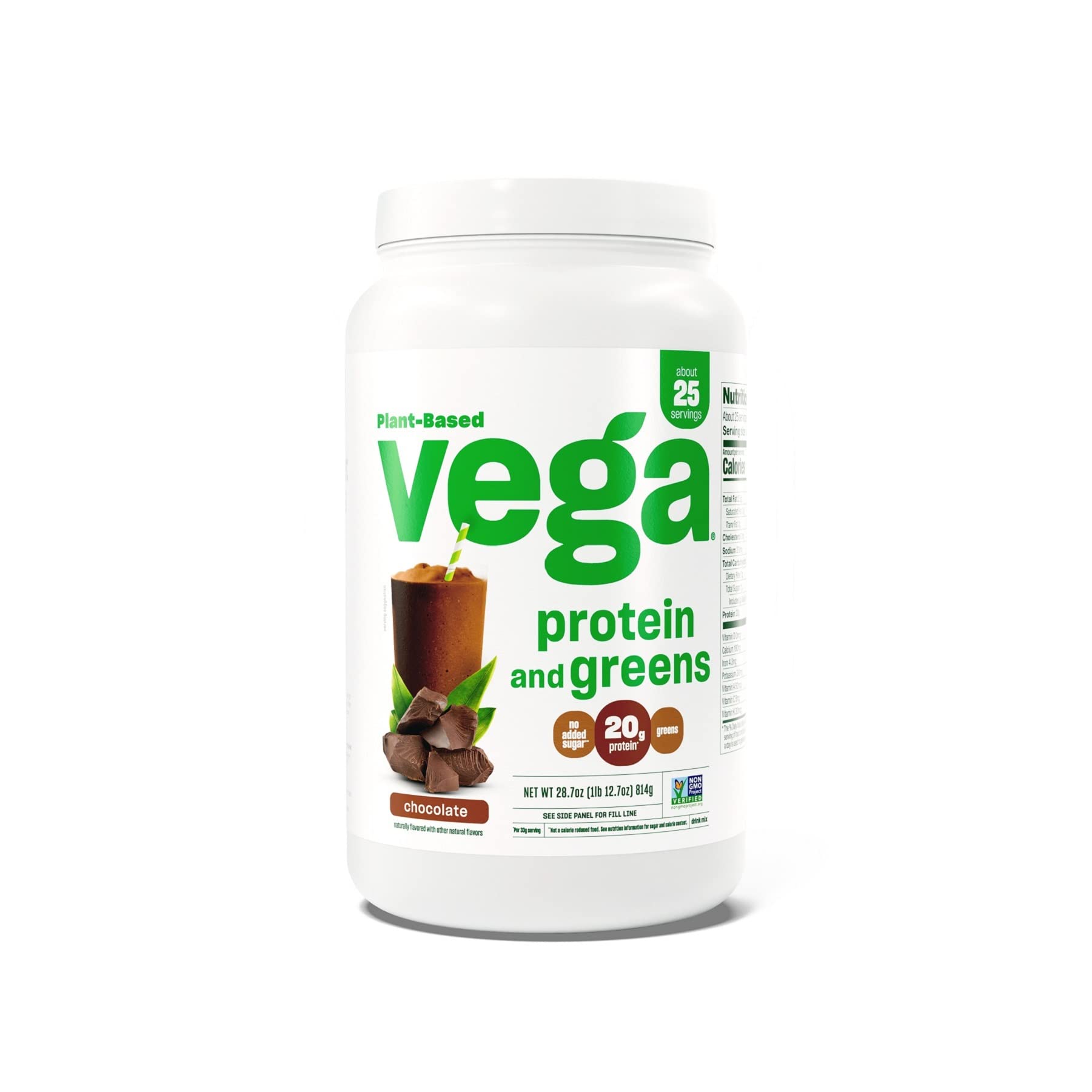 Vega Plant-Based Protein Powder with Greens, Chocolate Flavor - 20g Vegan Protein, Non-GMO, Pea Protein for Men & Women, 1.8 lbs - Perfect for Post-Workout Recovery, Smoothies & Healthy Meal Replacement (Packaging May Vary)