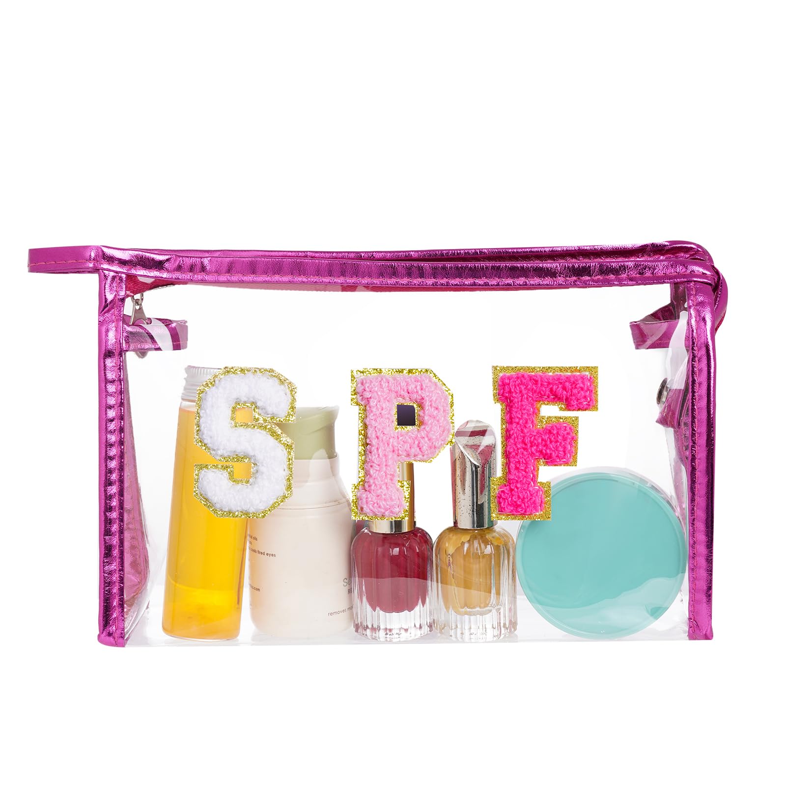 SPF Chenille Letter Clear Makeup Bag with Zipper - Preppy Patch Cosmetic & Toiletry Pouch for Women, Girls & Teens - Perfect for Beach, Travel & School (Rose Red)