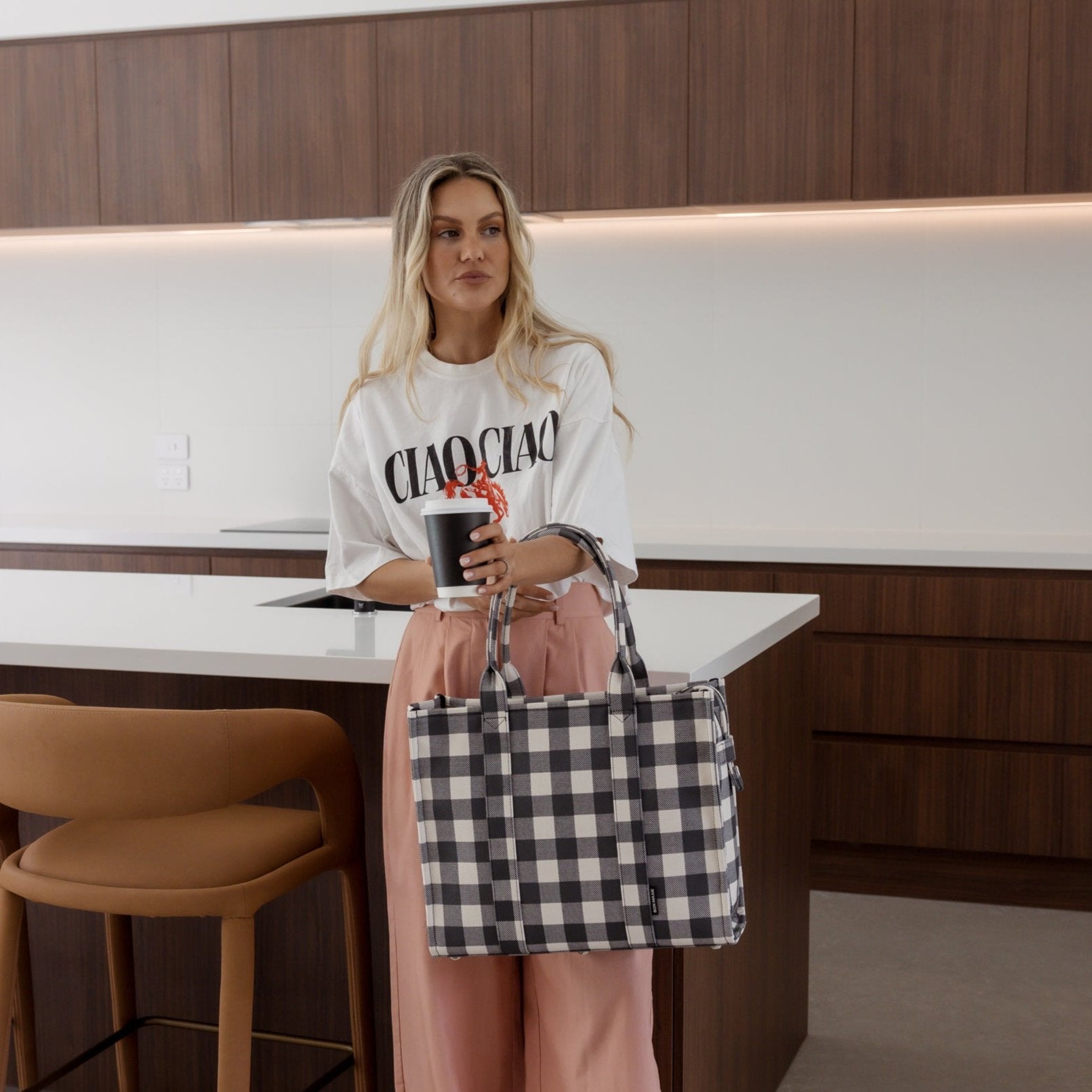 Large Bon Vivant Structured Tote Bag - Black Gingham Checkered Pattern - Perfect for Work, Travel & Everyday Use