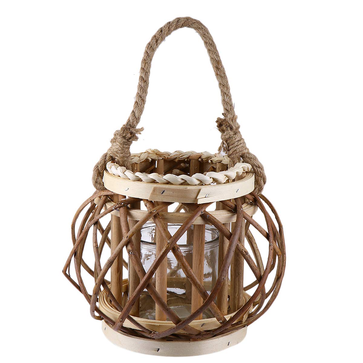 Vintage Decorative Cage Lantern - Antique Hanging Candle Holder with Manual Handle, Bamboo Rope Design for Home Decor, Garden, Wedding, and Outdoor Parties