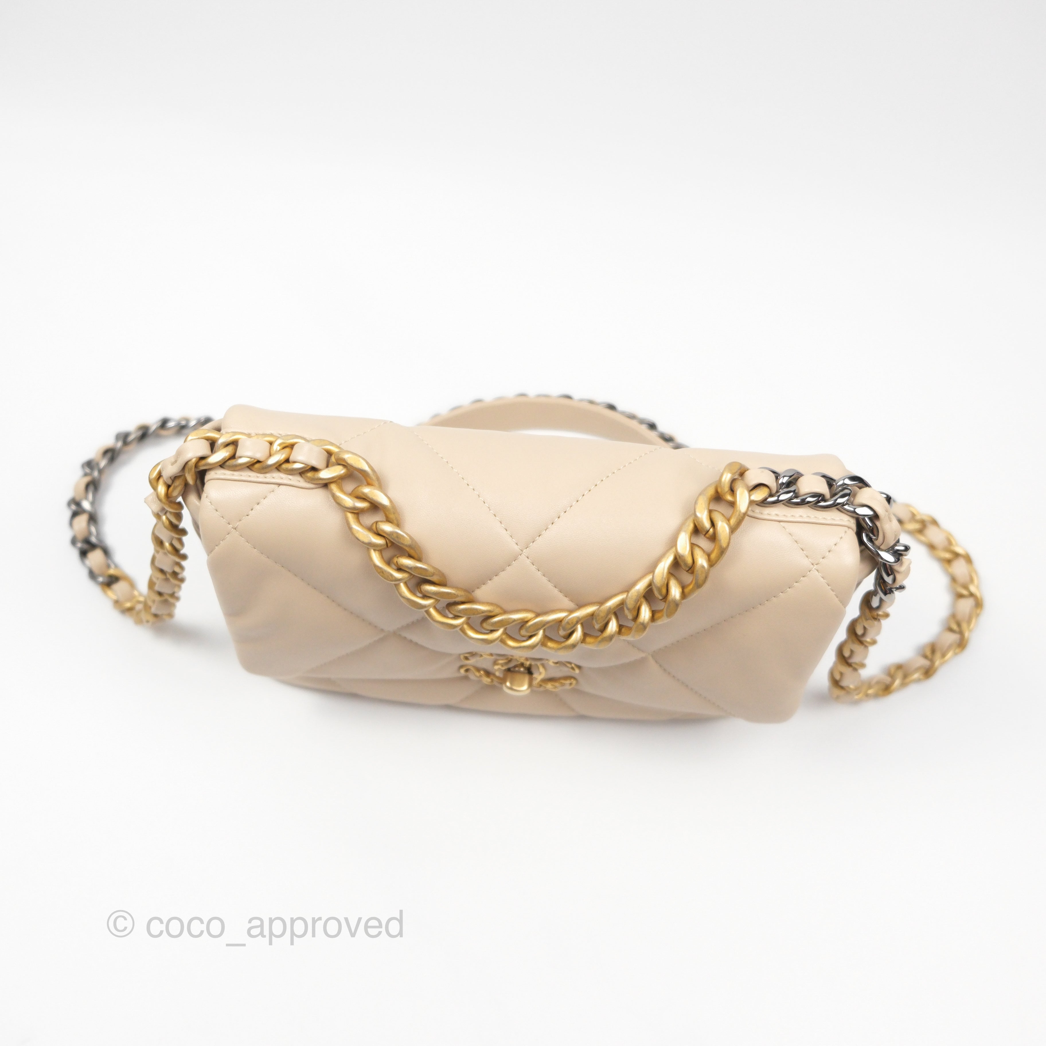 Chanel 19 Small Handbag in Beige Lambskin Leather with Mixed Hardware - Luxury Crossbody Bag for Women, Perfect for Date Night & Special Occasions