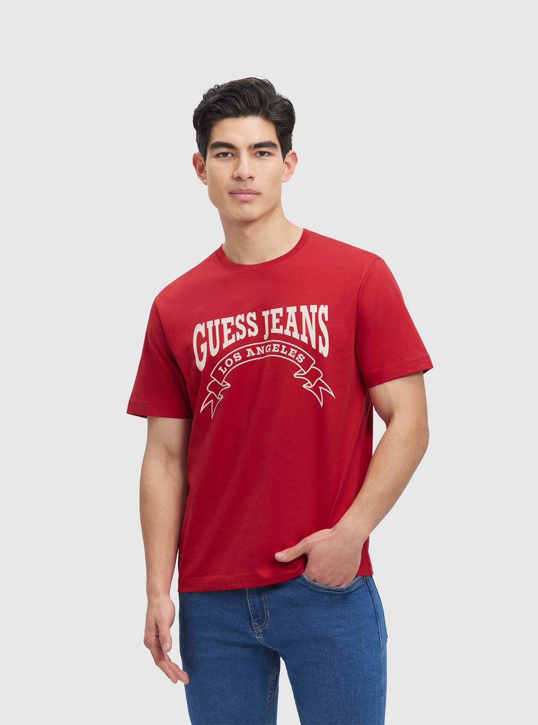Guess Jeans Red Banner Graphic T-Shirt for Men - Casual Vintage Cotton Tee - Perfect for Streetwear, Outfits & Everyday Wear