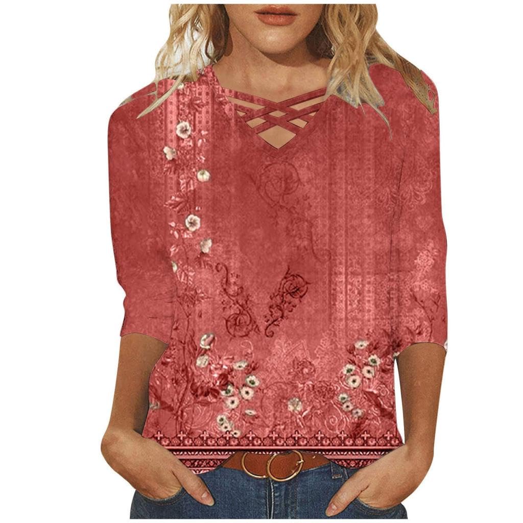 Vintage Boho Summer Shirts for Women - 3/4 Sleeve Blouse Tops, Trendy Casual T-Shirts & Dressy Tops 2024 | Perfect for Beach Outings, Music Festivals & Boho Chic Style