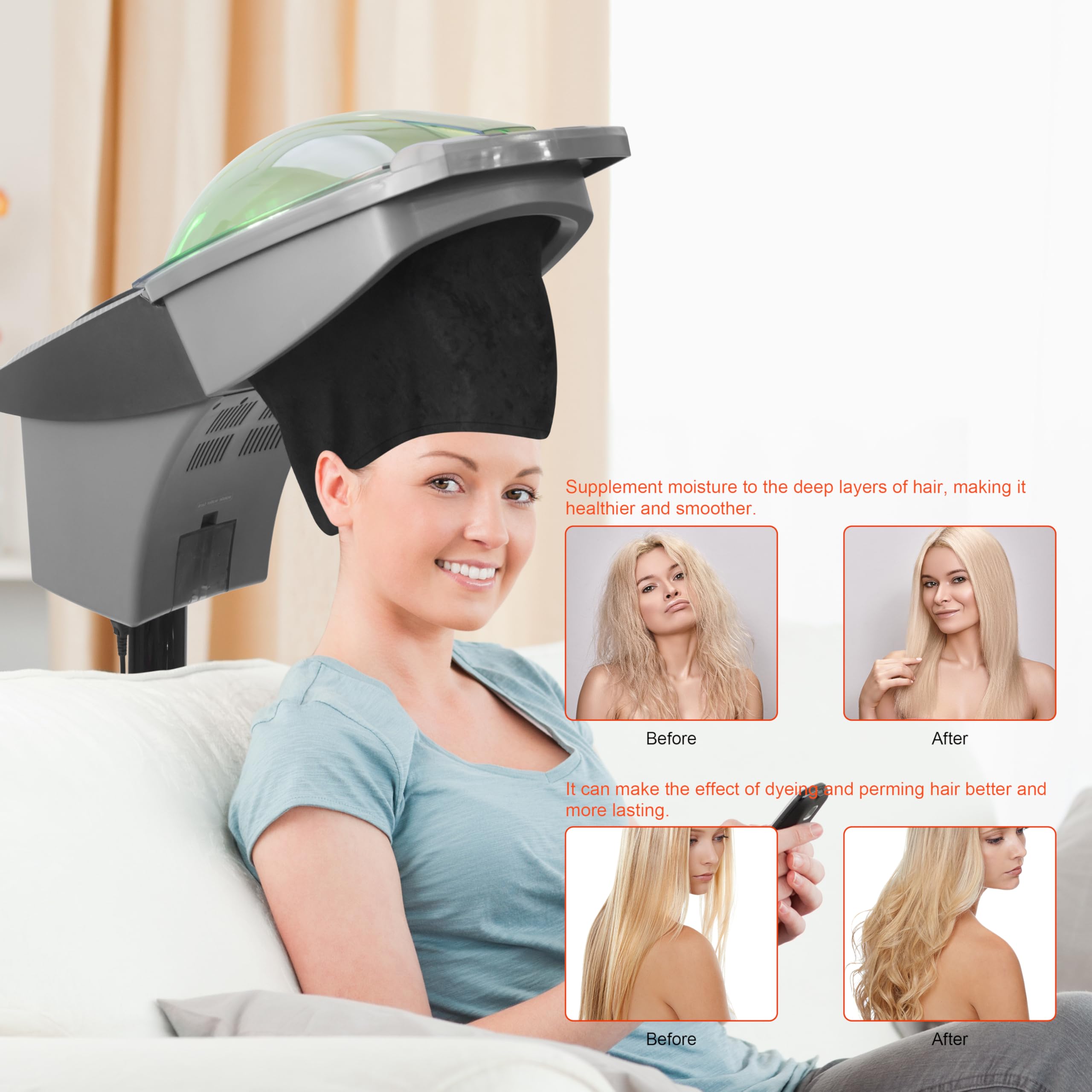 Professional Salon Hair Steamer with O3 Ozone & Red/Blue Light Therapy - Scalp Treatment for Perm, Dye & Black Hair Care - Portable Hooded SPA with Wheels (Model ET1408B) - Perfect for Home Salon, Barber Shop & Hair Treatment Clinics