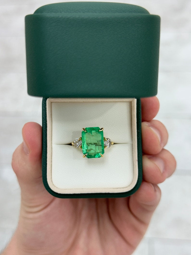 8.92tcw 18K Gold Vivid Green Emerald Cut Diamond Three-Stone Ring for Engagement, Anniversary & Special Occasions | Luxury Jewelry Gift for Women