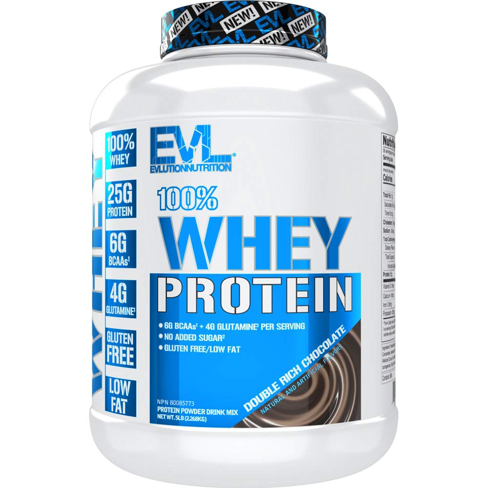 EVLUTION NUTRITION 100% Whey Protein Powder - 5 LB, Double Rich Chocolate Flavor - 25g Protein, 6g BCAAs, 4g Glutamine - Gluten Free Muscle Recovery Supplement for Post-Workout, Fitness & Bodybuilding