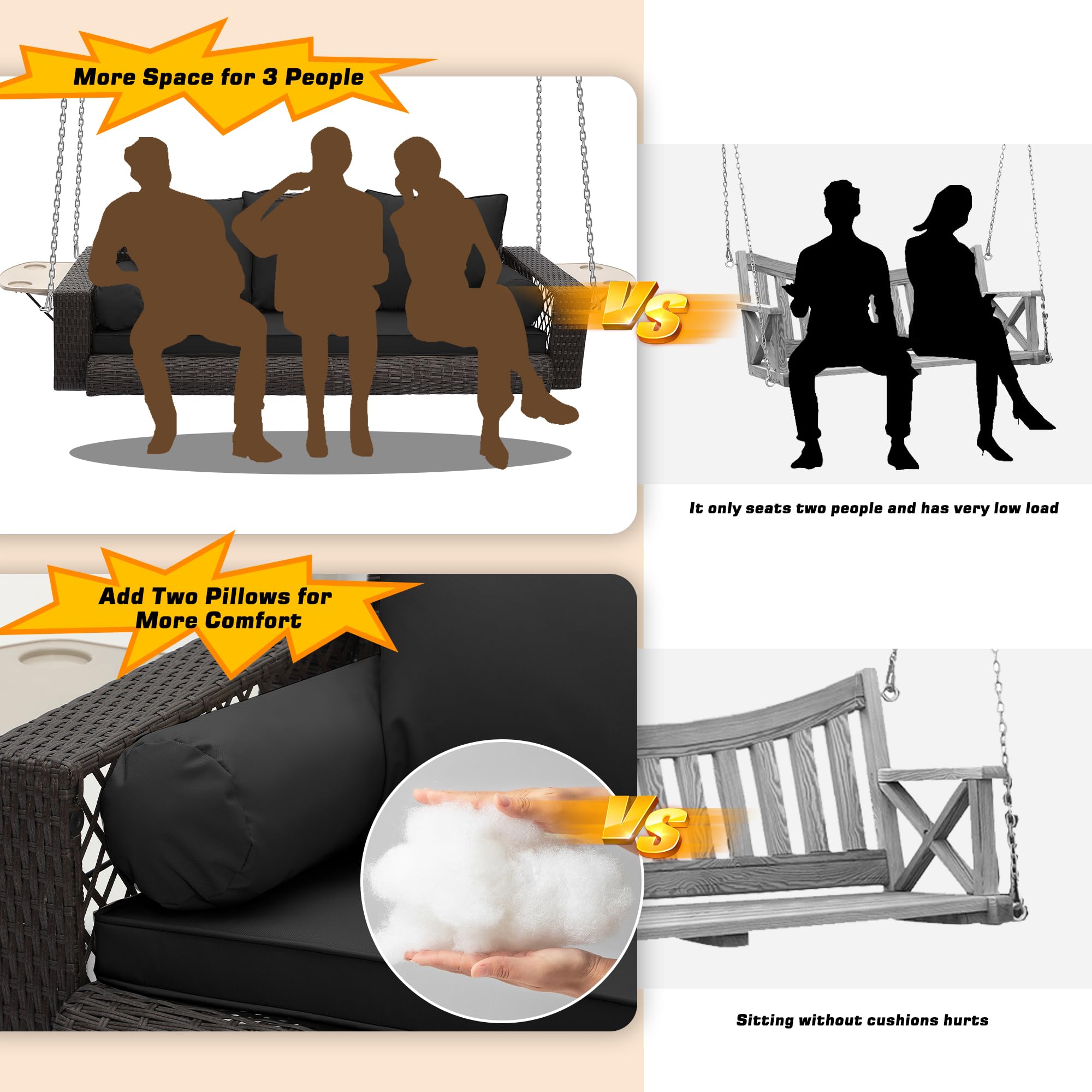 Grepatio 3-Person Outdoor Wicker Porch Swing Chair with Cushion & Pillow - Brown Rattan & Black Cushion - Perfect for Garden, Patio, Yard, or Lawn Relaxation