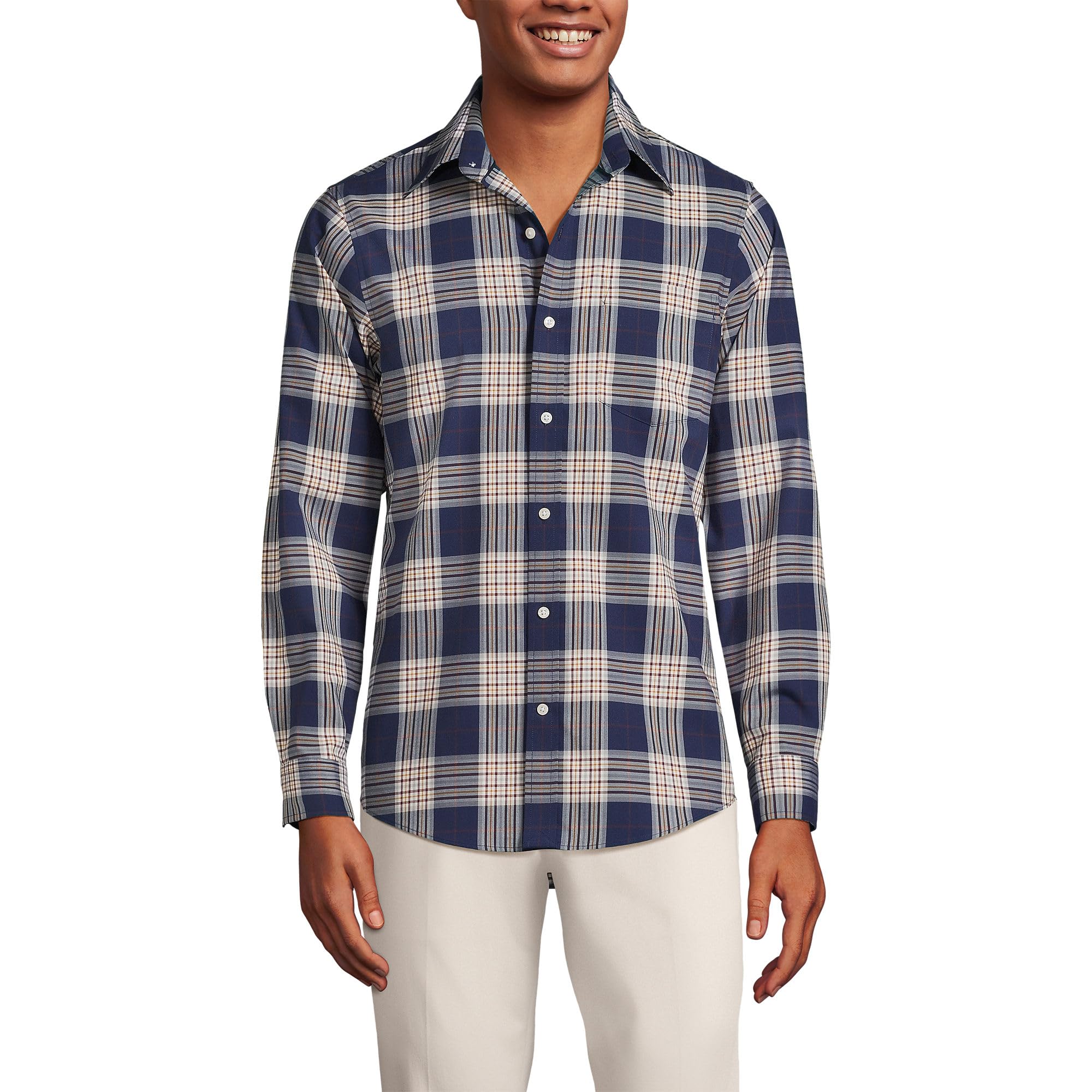 Lands' End Men's Traditional Fit No Iron Twill Shirt - Comfortable Wrinkle-Free Dress Shirt for Office, Business & Casual Wear