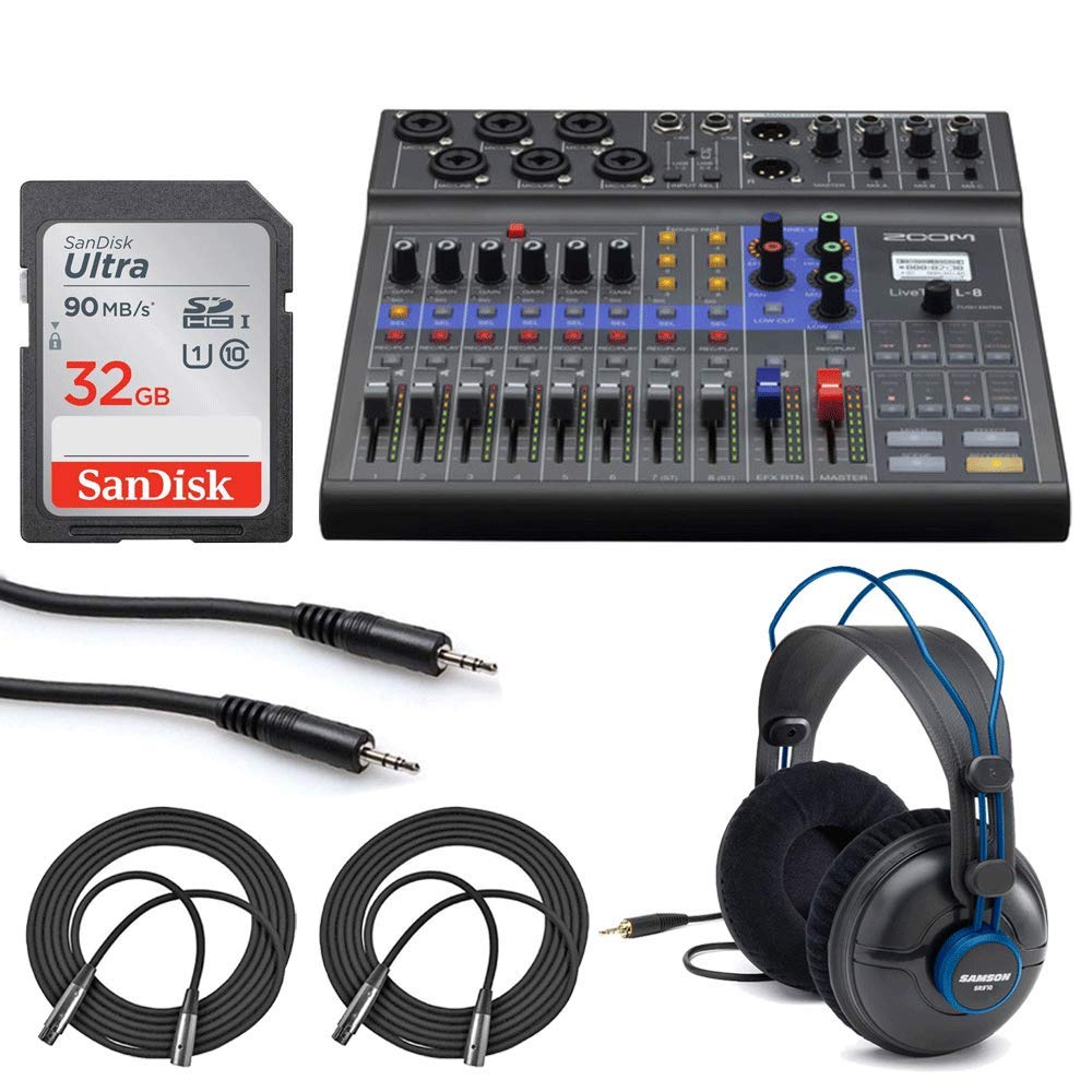Zoom LiveTrak L-8 Portable 8-Channel Digital Mixer & Multitrack Recorder Bundle with 32GB SD Card, Studio Headphones, Cables - Perfect for Podcasting, Live Streaming & Home Recording Studios