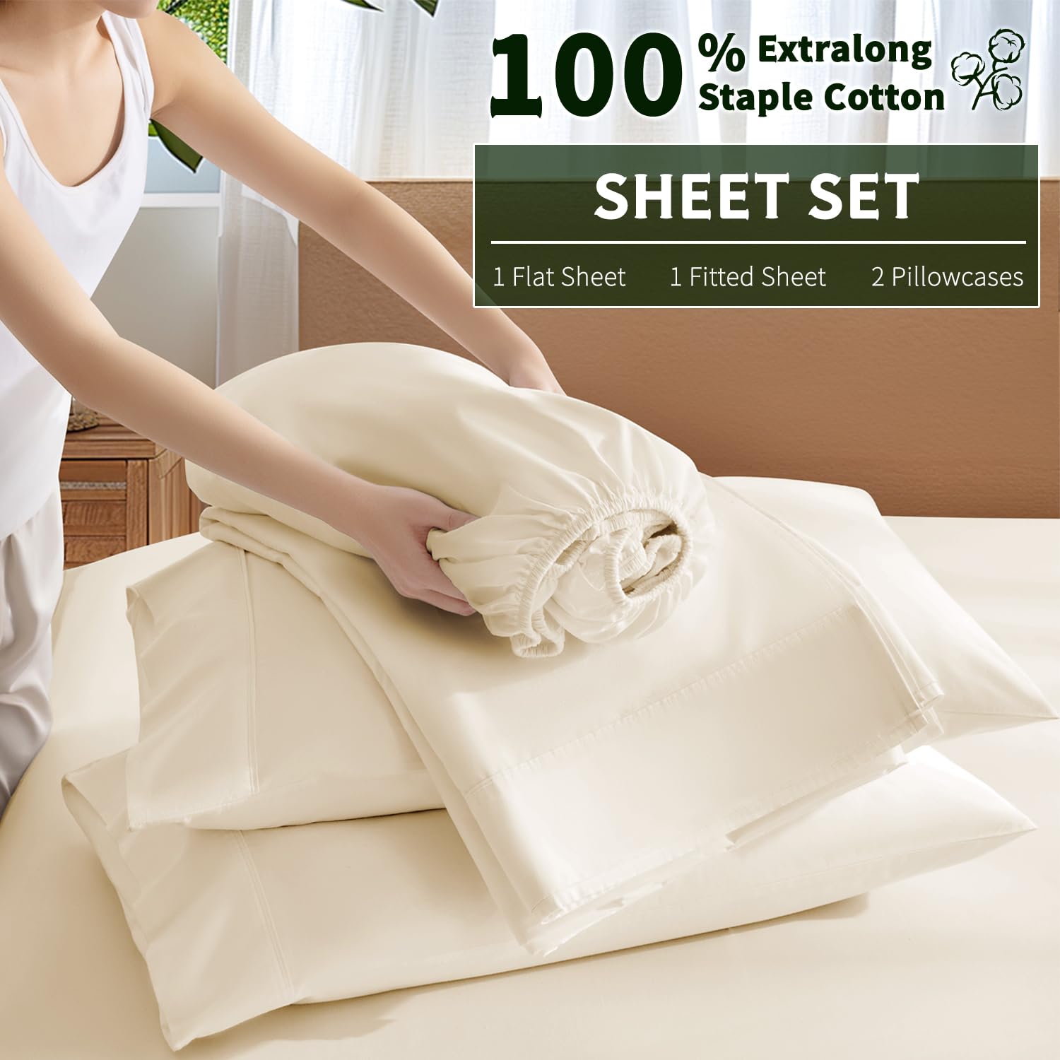 Luxury 1000 Thread Count Egyptian Cotton Queen Size Sheet Set - 4 PC Breathable & Cooling Bed Sheets with 16