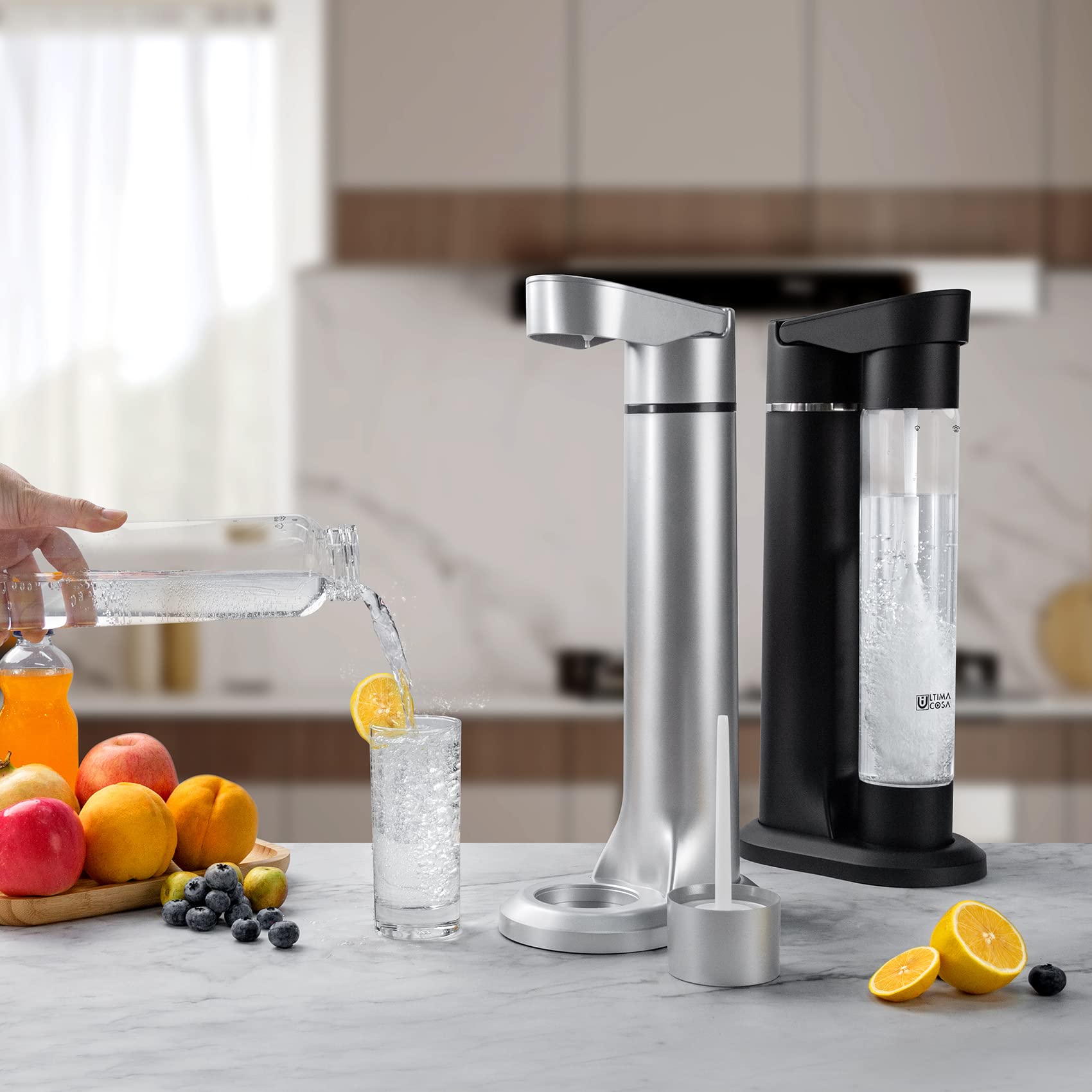 Sparkling Soda Maker with CO2 Cylinder - BPA-Free Home Carbonated Drink Machine for Homemade Sparkling Water, Juice & Coffee | Includes 1LB CO2 & Reusable Bottle (Silver) | Perfect for Parties, Healthy Drinks & DIY Beverages