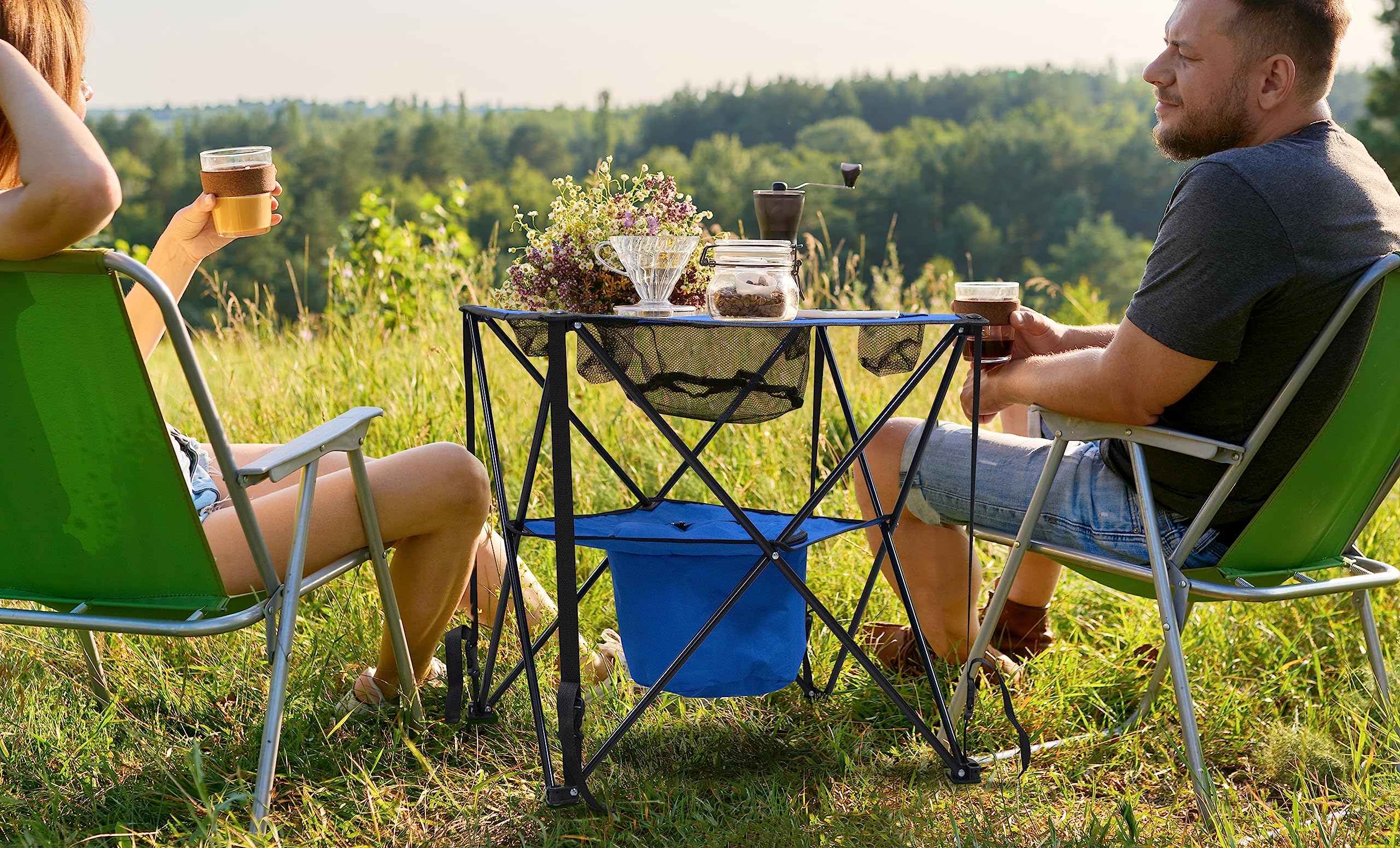 Portable Folding Camping Table with Built-in Cooler, Cup Holders & Storage Basket - Compact Picnic, Beach, Tailgating & Outdoor Dining Essential - Includes Carry Bag (Blue)