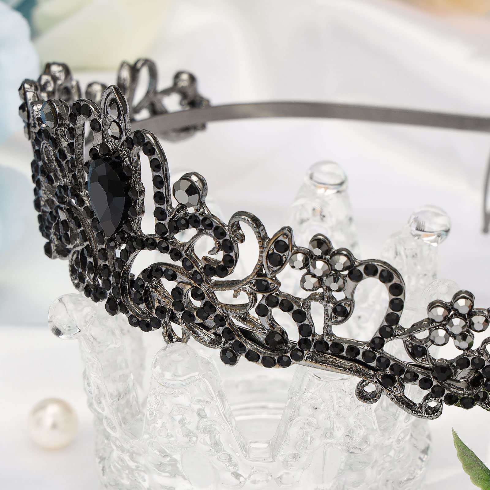 Makone Crystal Black Queen Crown Tiara with Comb Headband for Women & Girls - Elegant Princess Hair Accessories for Wedding, Birthday, Halloween Costume & Cosplay (16 Black) | Perfect for Bridal Parties, Pageants, and Fantasy Dress-Up