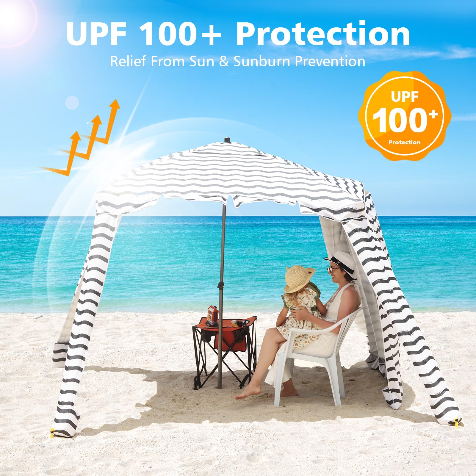 UPF 100+ Beach Cabana Tent with Foldable Camping Table - 6'x6' Portable Sun Shelter, Waterproof UV Protection Canopy with Attachable Walls for Family Beach Outings, Camping & Outdoor Events (Black Wave)