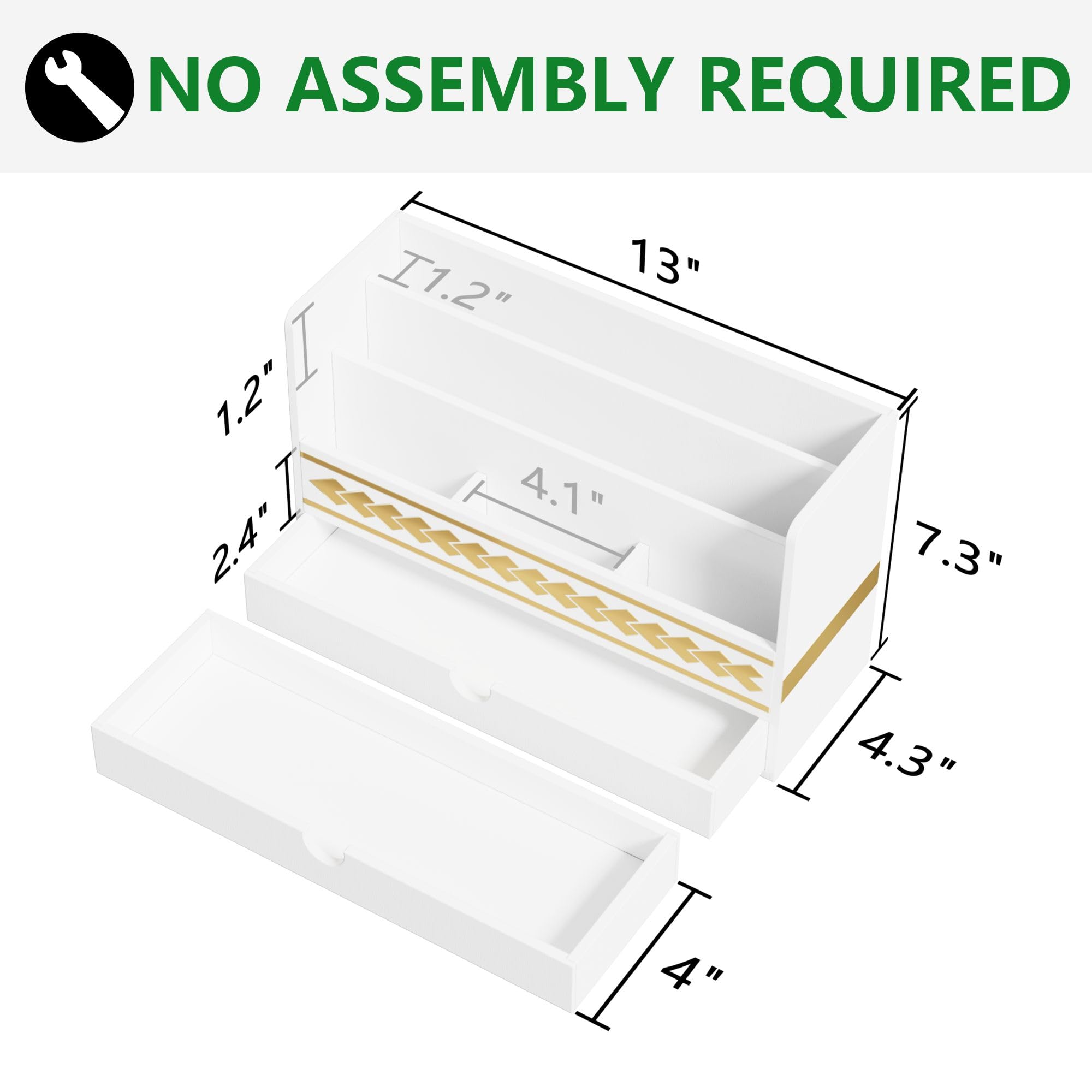 Bamboo Desk Organizer - Wooden Mail Holder & Countertop Storage Box with Drawer for Pens, Letters & Office Supplies | Perfect for School, Home & Office Organization (White)