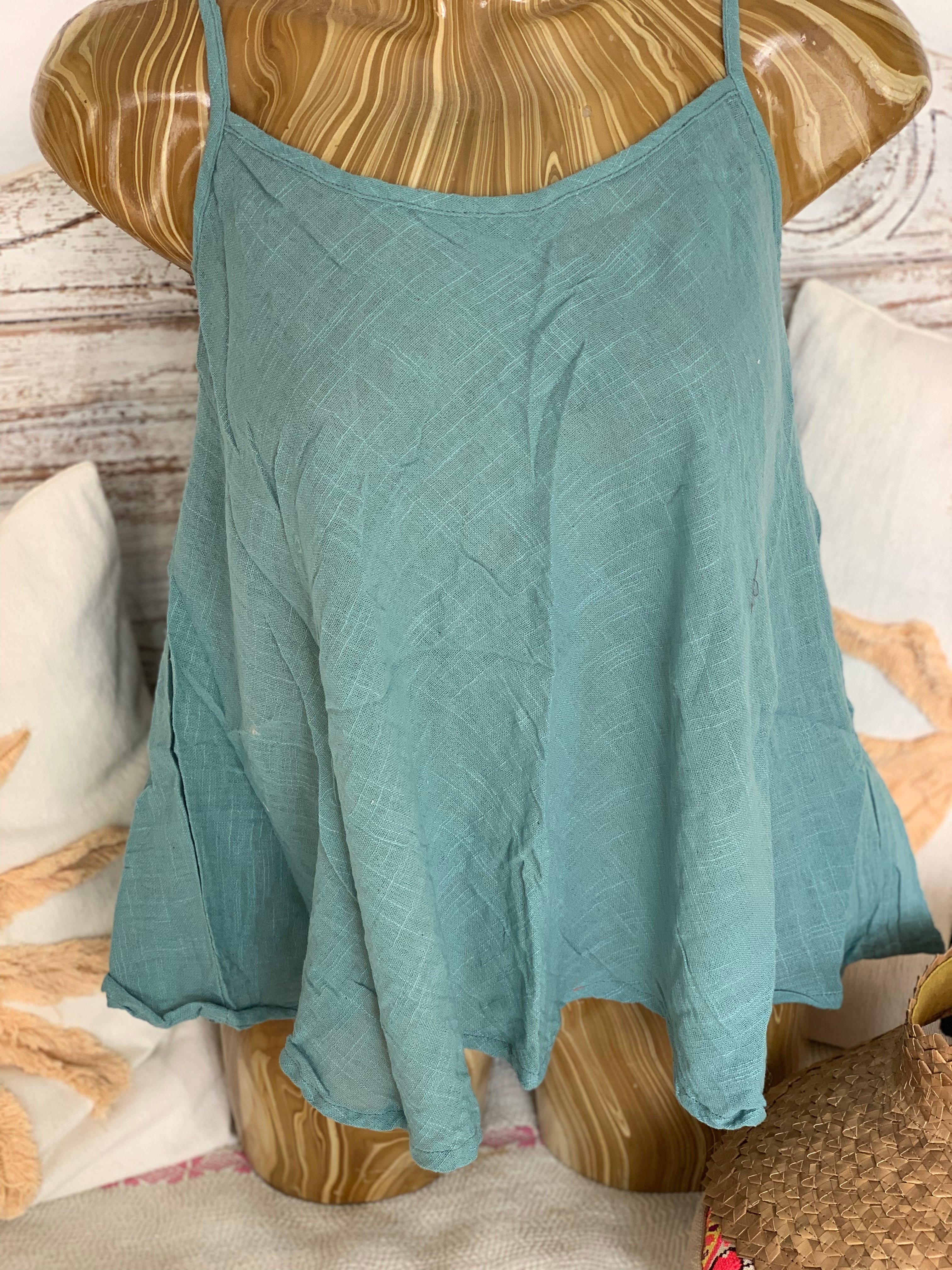 Boho Linen Butterfly Top in Emerald Green - Flowy Blouse for Women, Summer Casual Wear, Beach Outfit & Festival Fashion