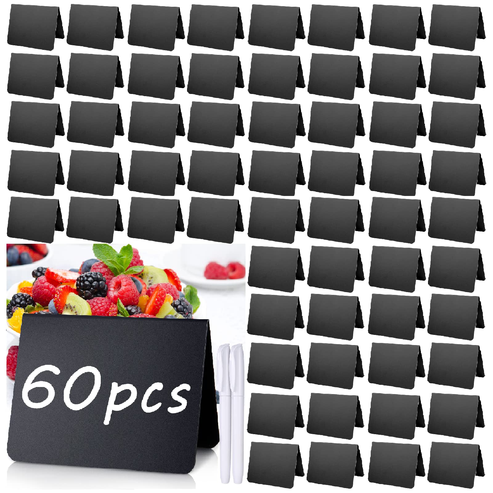60 Pack Mini Chalkboard Signs 4x3 Inches - Small Food Display Labels with 2 Erasable Markers for Dessert Shop, Classroom, Party & Restaurant - Perfect for Menu Boards, Tabletop Displays & Food Labeling