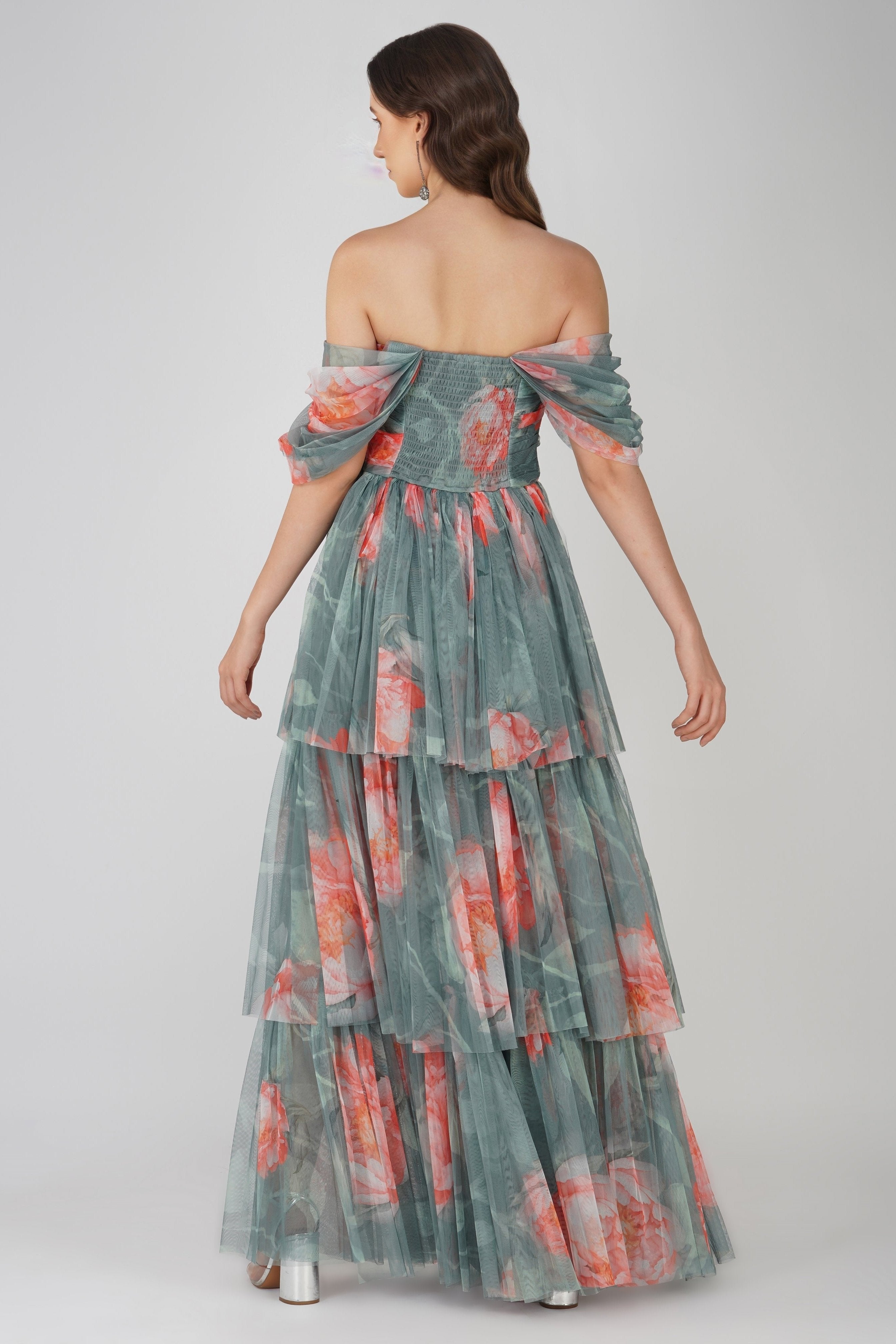 Elegant Sage Green Floral Tulle Maxi Dress for Women | Summer Wedding Guest Dress & Boho Beach Party Outfit