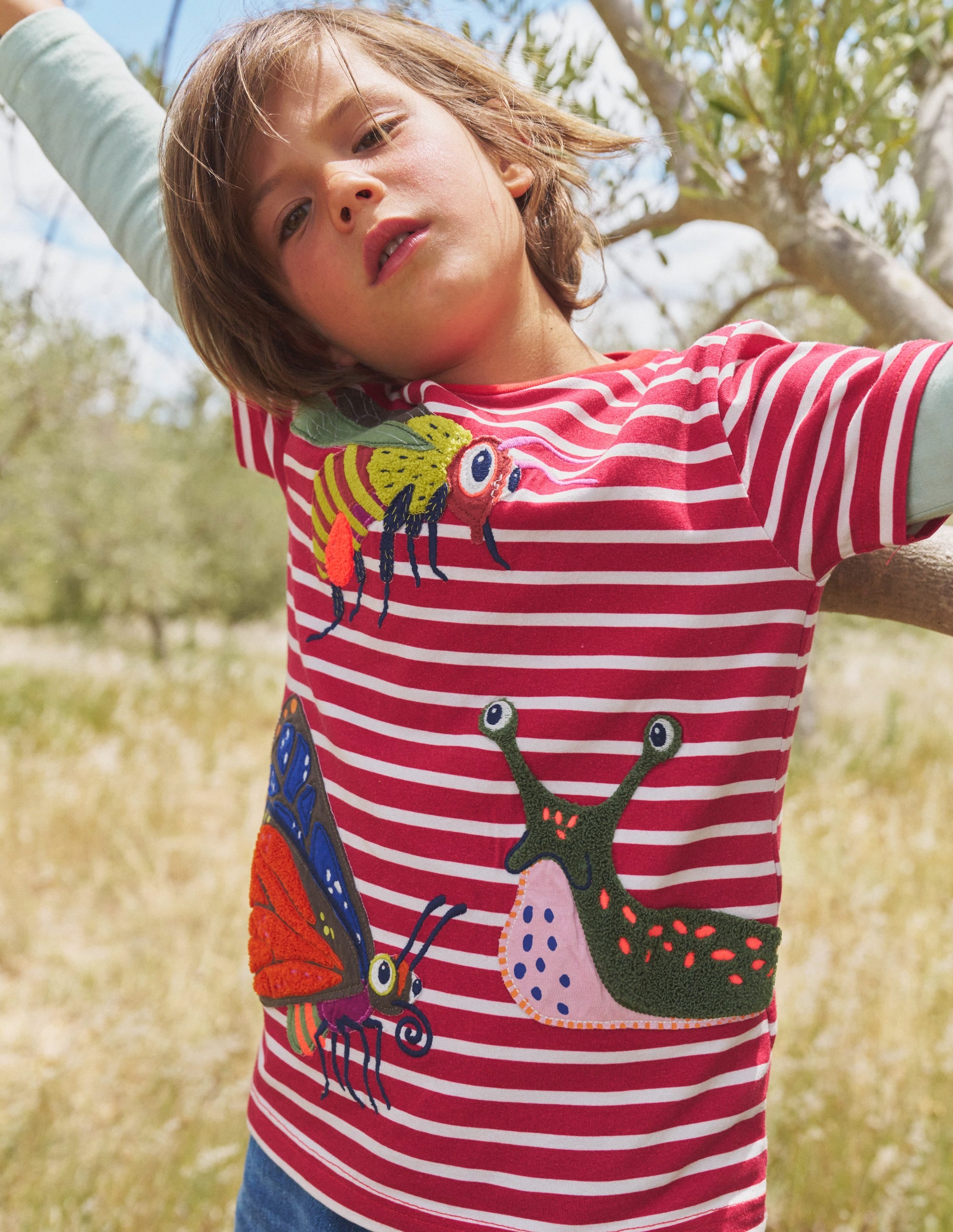 Appliqué Textured T-Shirt - Jam Red/Ivory Bugs Design - Casual Women's Top for Everyday Wear & Street Style Outfits