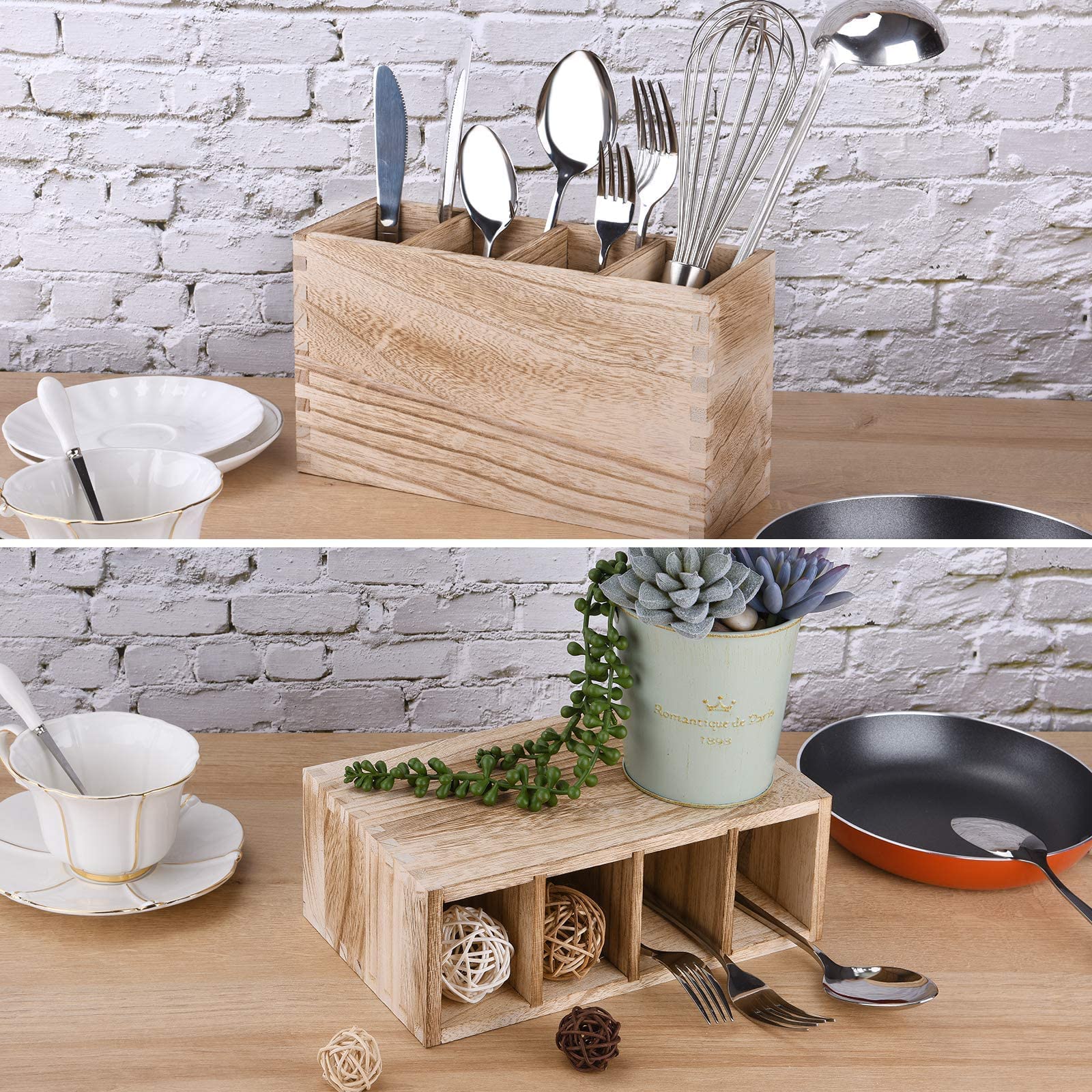 Upgraded Wooden Cutlery Holder Organizer - 4 Compartment Countertop Storage for Silverware, Forks, Spoons & Spatulas | Kitchen Utensil Organizer for Dining Table, Buffet Setup & Countertop Organization