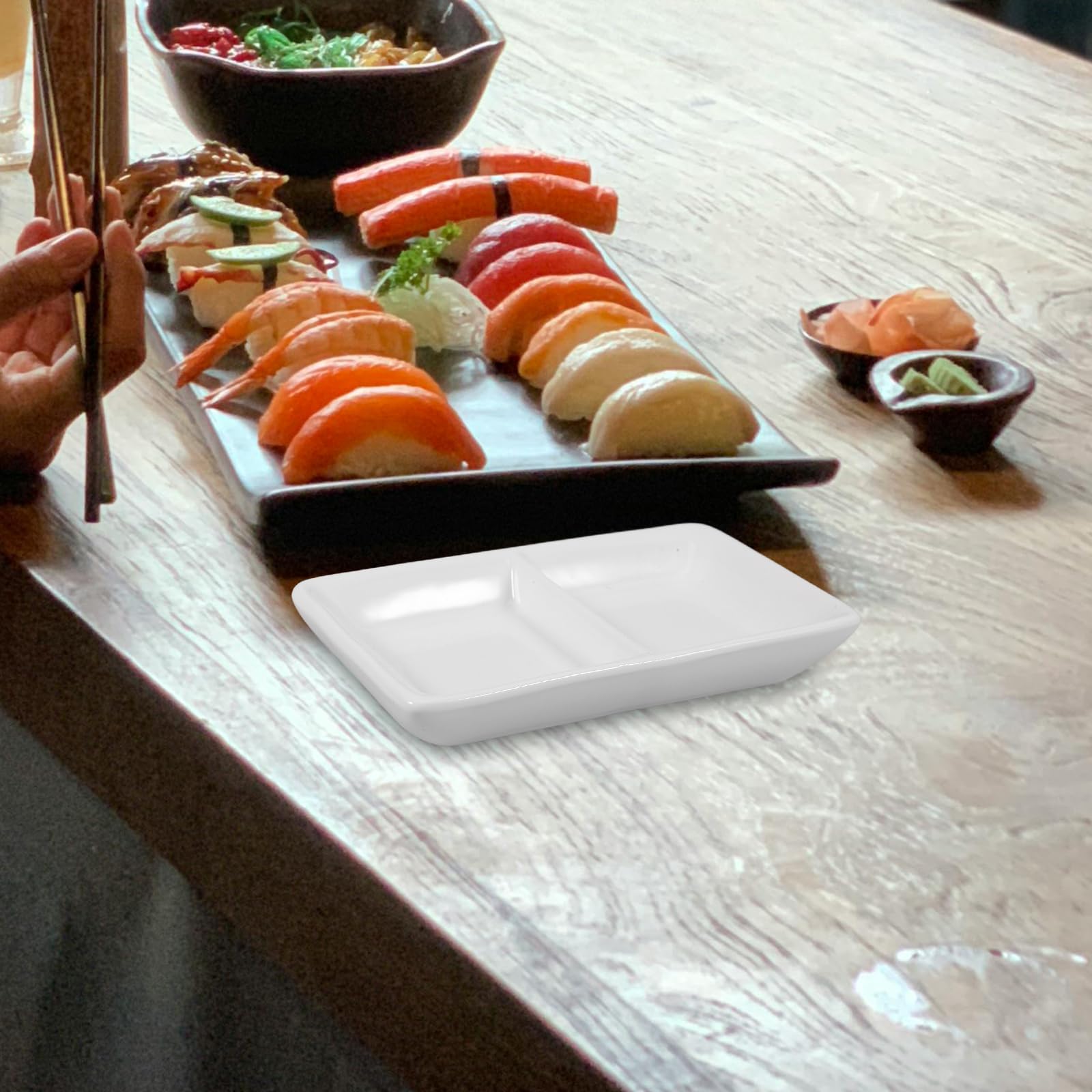 Hemoton 5-Inch White Ceramic Appetizer Serving Tray with 2 Compartments - Perfect for Chips, Dips, Sauces, Snacks, Salt, Vinegar, Sugar & Spices - Ideal for Parties, Entertaining & Kitchen Organization