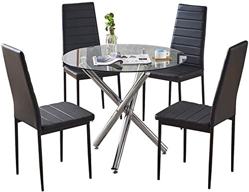 5-Piece Round Glass Dining Table Set with Black Faux Leather Chairs for 4 - Space-Saving Kitchen & Small Apartment Furniture (1 Table + 4 Chairs) | Perfect for Breakfast Nook, Compact Dining Areas & Cozy Meals