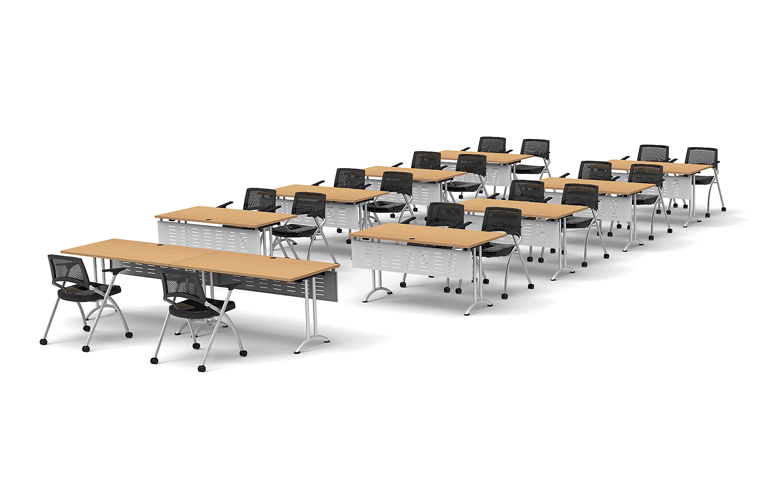 18-Person Folding Conference Table Set with 38pc Beech Task Chairs & Modesty Panels - Model 7460 | Connectable Classroom Tables for Training, Meetings & Seminars | Space-Saving Foldable & Nestable Design for Offices, Schools & Event Venues