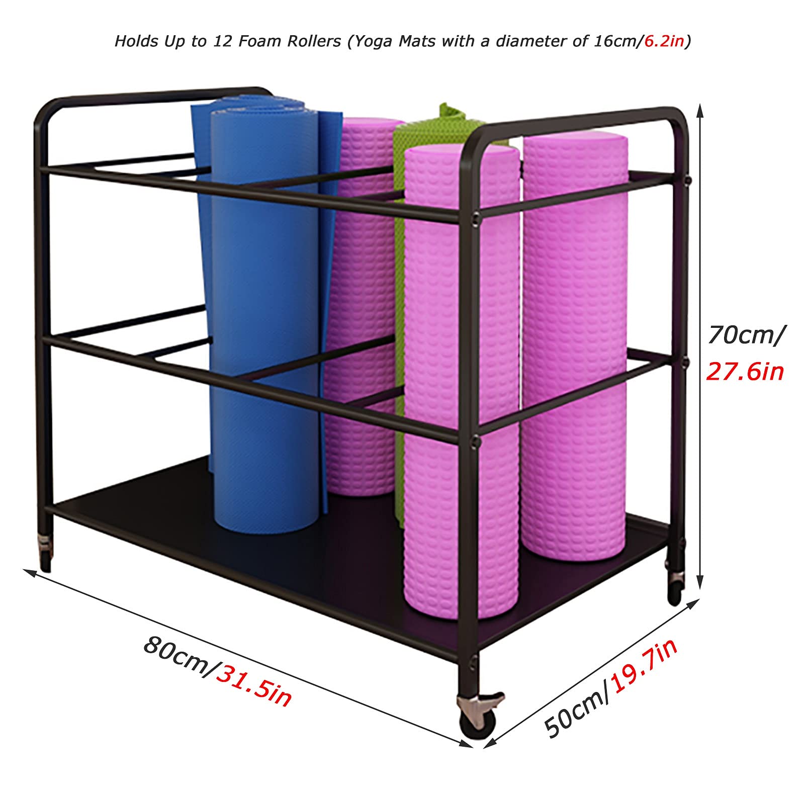Premium Yoga Mat Storage Cart with Wheels - Space Saving Foam Roller & Mobility Equipment Organizer Rack - Holds 12 Exercise Mats for Yoga Studios & Home Gyms (Black) - Perfect for Studio Organization & Equipment Storage