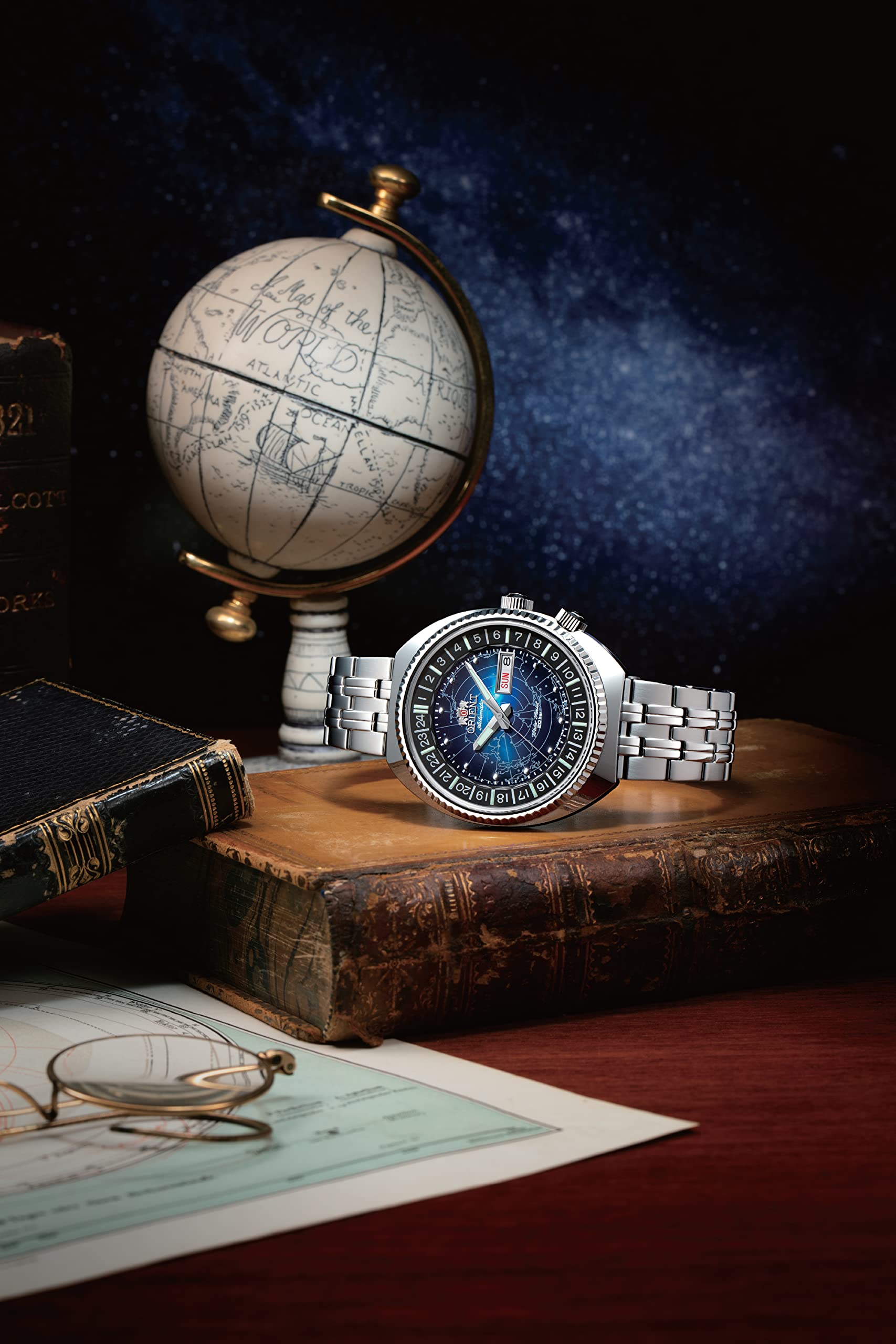 Orient Men's Japanese Automatic Hand Winding Wrist Watch with World Map Dial - Classic Revival Style for Business, Casual & Travel