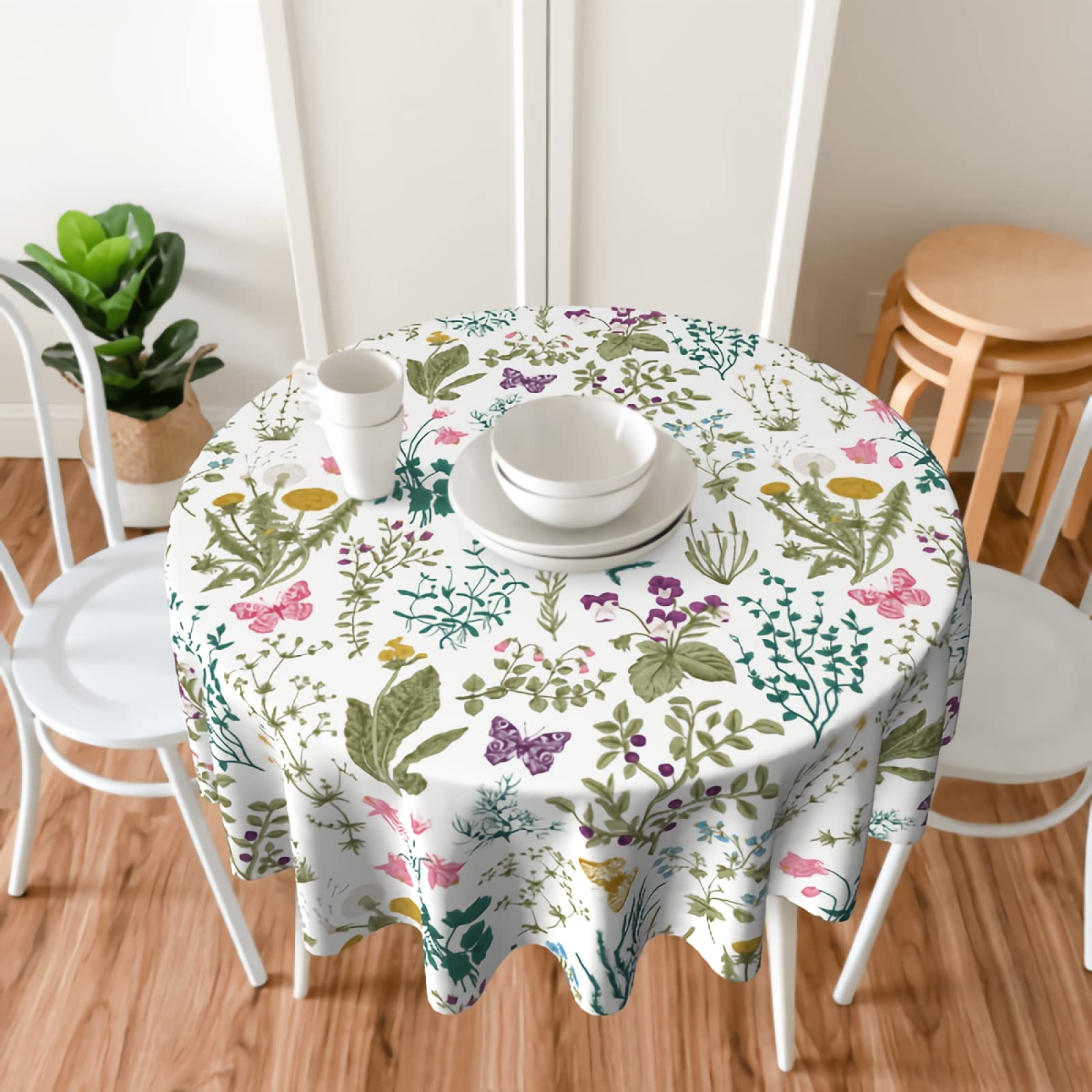 Sweetshow 60 Inch Round Floral Tablecloth - Herbal Wildflowers Design for Spring & Summer, Perfect for Dining Tables, Living Room, Kitchen Decor, and Party Settings