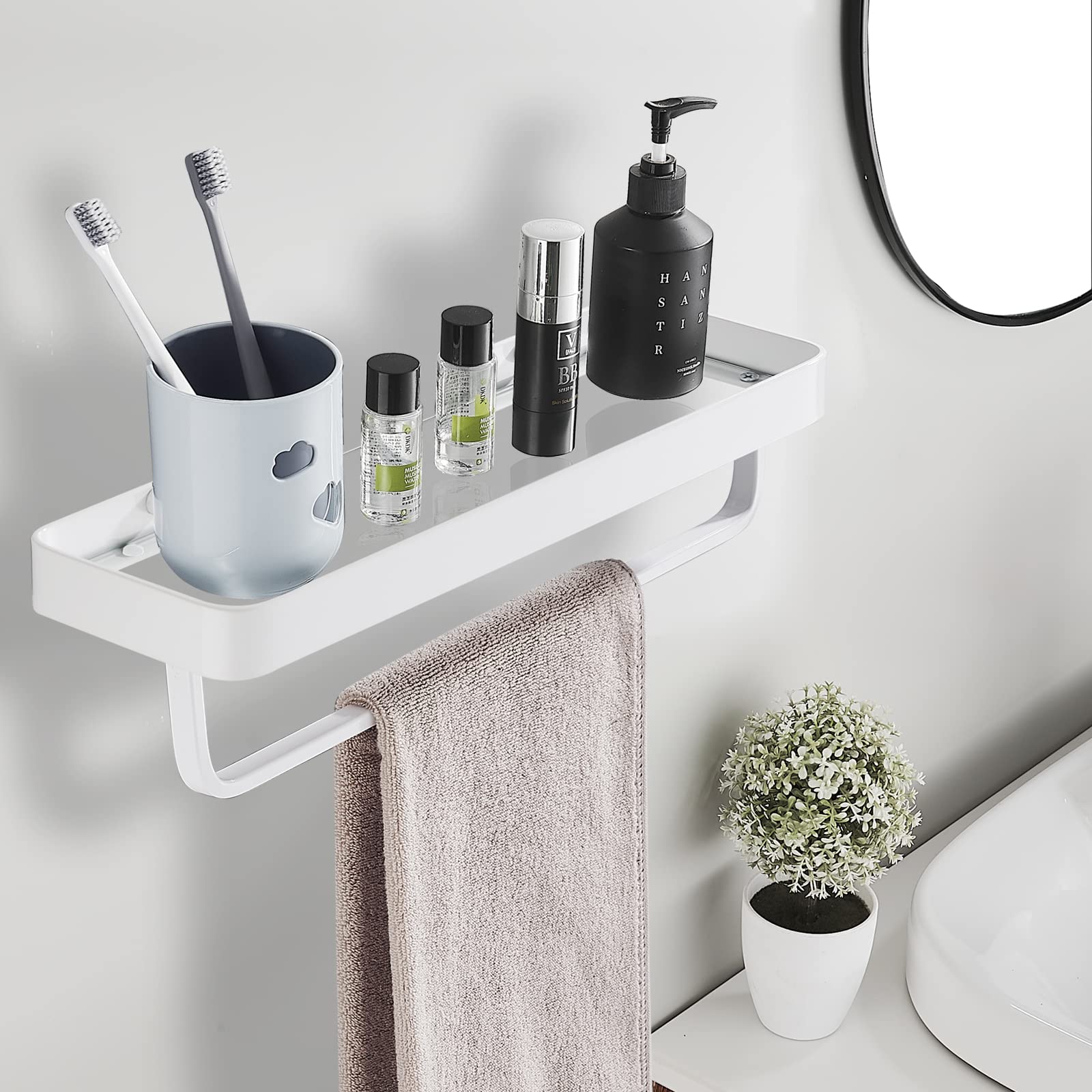 15.7 Inch Wall Mounted Bathroom Glass Shelf with Towel Bar - Modern Shower Organizer & Kitchen Spice Rack - White Rectangular Over Toilet Storage for Bathroom, Kitchen & Vanity Decor