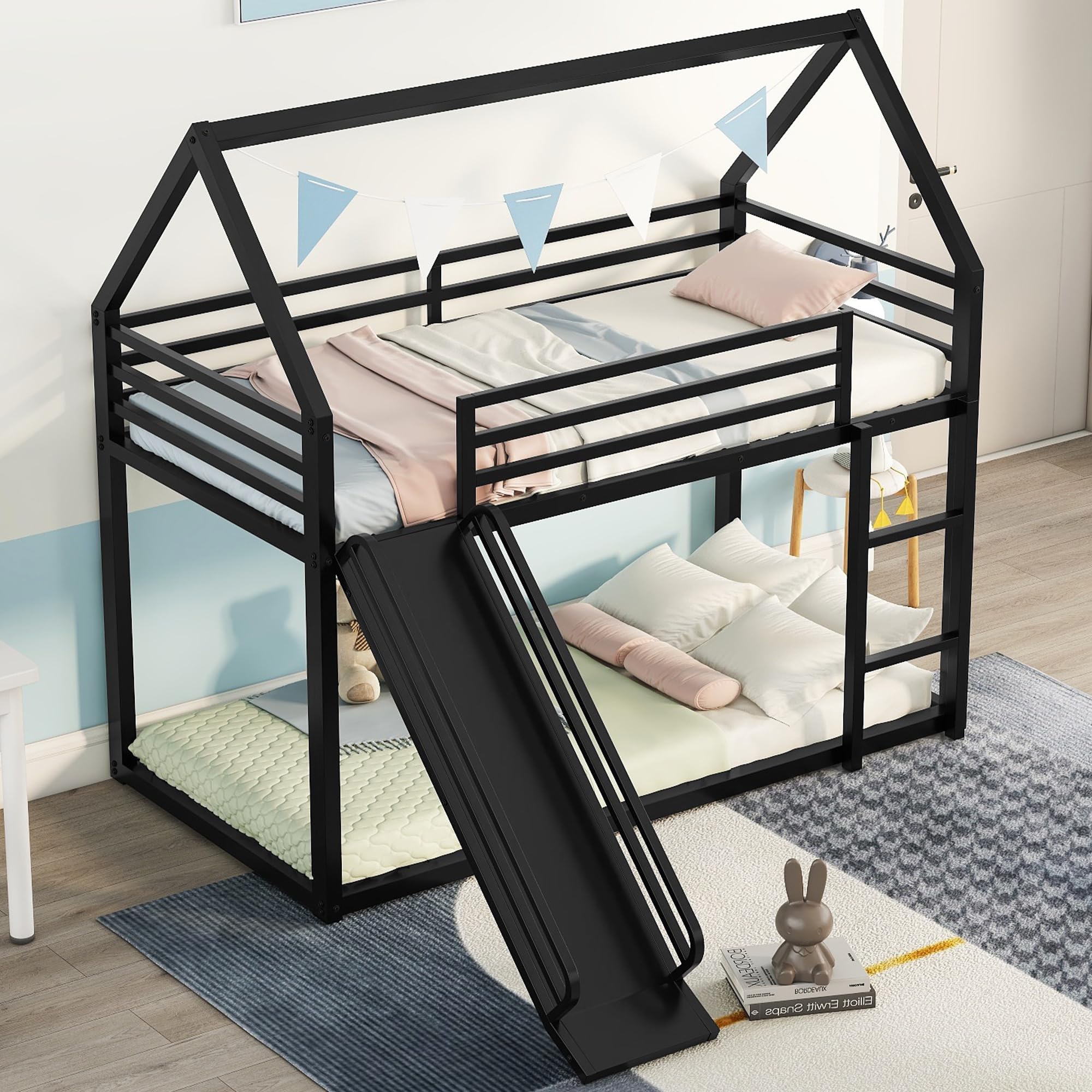 **Metal Bunk Beds with Slide for Kids - Twin Over Twin House Bunk Bed with Roof & Built-in Ladder - Space-Saving Loft Bed for Boys, Girls & Toddlers - Perfect for Small Bedrooms, Playrooms & Sleepovers (Black)**