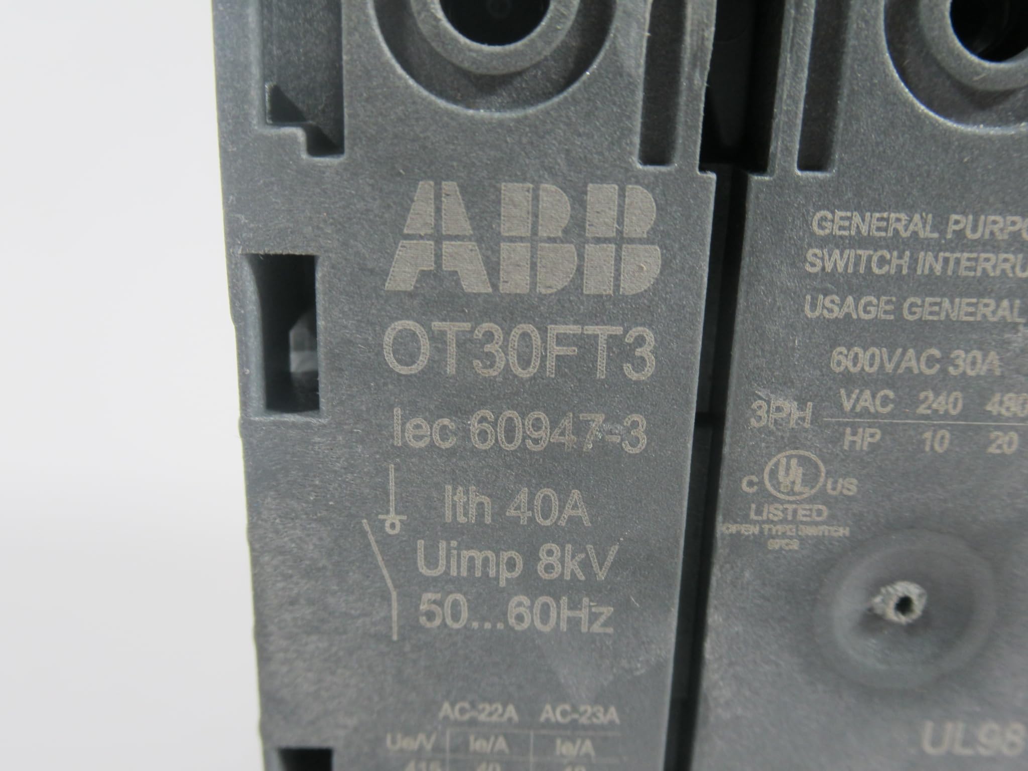 ABB OT30FT3 600VAC 30HP 30A 3-Pole Disconnect Switch - Heavy Duty Electrical Safety Switch for Industrial & Commercial Use