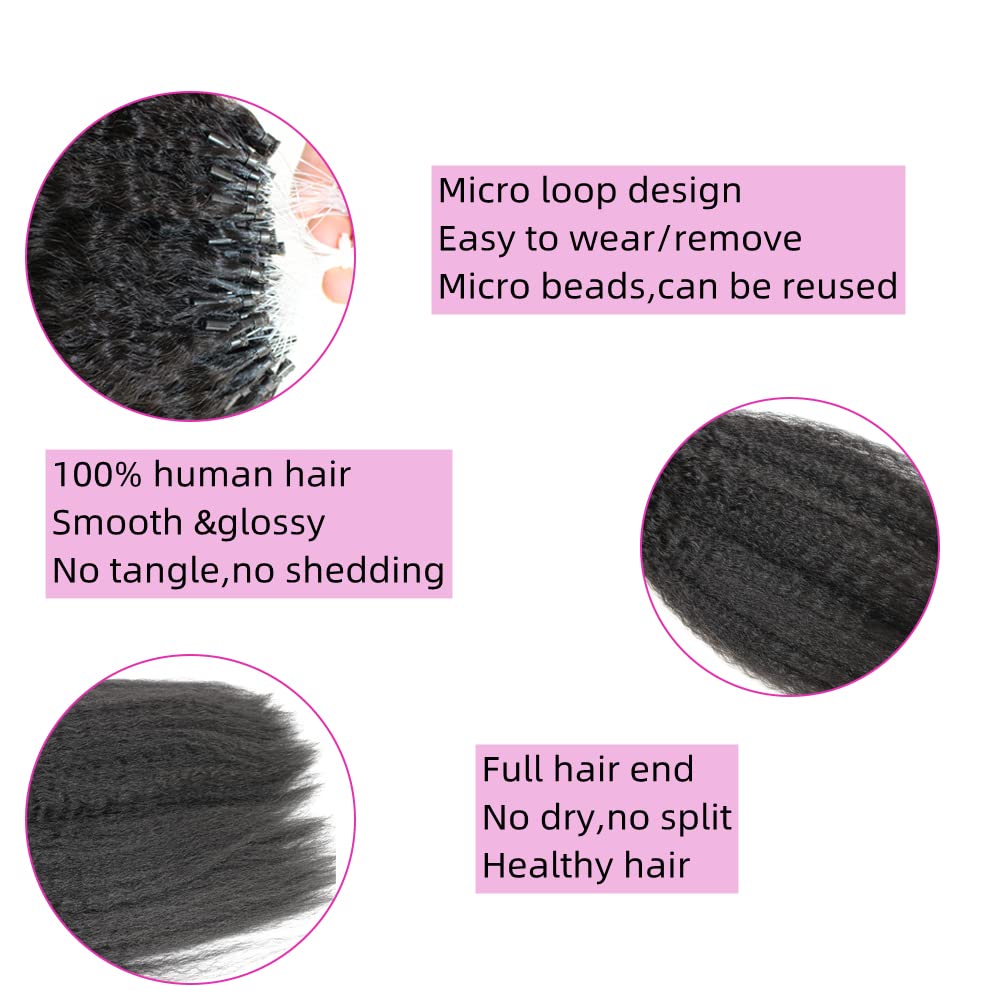 Kinky Straight Microlink Hair Extensions 16 Inch - 100% Human Hair, Brazilian Remy, 200g Per Pack (1g/Strands) - Coarse Straight Micro Loop Extensions for Natural Volume & Styling | Perfect for Daily Wear, Parties & Special Occasions