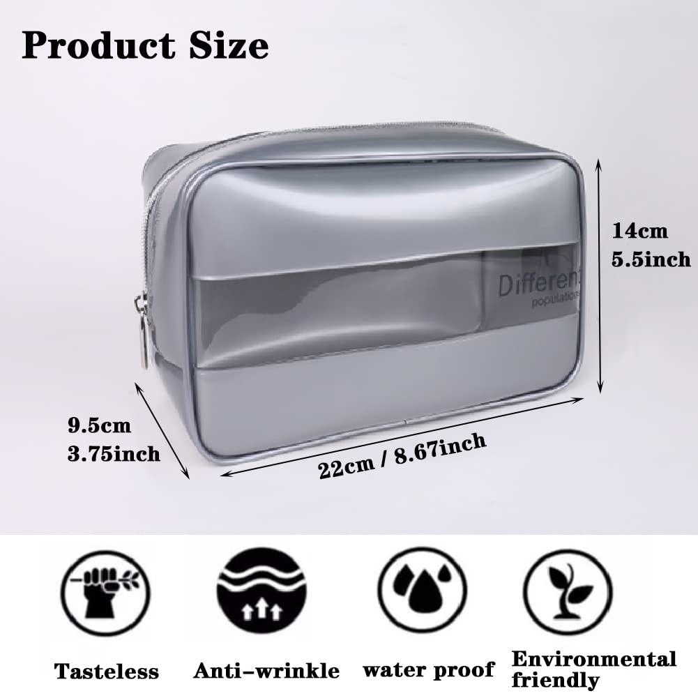 BrainKer Travel Toiletry Makeup Bag - Clear Silver Grey PVC Cosmetic Organizer with Zipper | Waterproof Makeup Pouch for Women & Men | Perfect for Travel, Gym & Daily Use