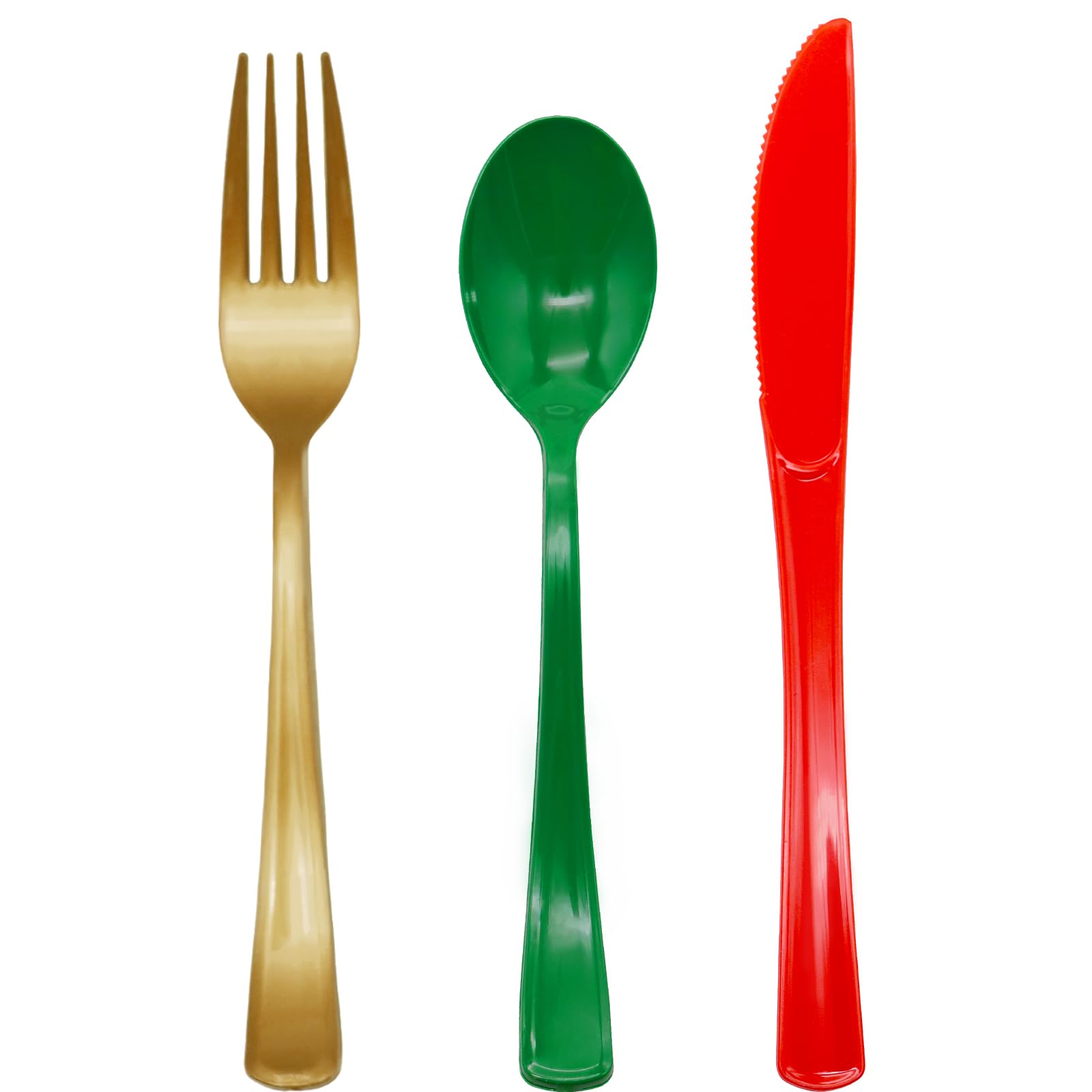 150-Piece Christmas Silverware Set - 50 Red Plastic Knives, 50 Green Spoons, 50 Gold Forks for Holiday Parties, Dinnerware & Table Decorations - Perfect for Christmas Celebrations, Family Gatherings & Festive Events