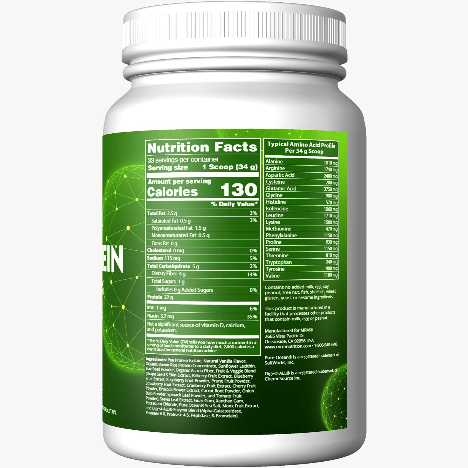 MRM Veggie Protein Powder - Vegan Protein Source, Gluten-Free, Non-GMO, No Preservatives - Vanilla Flavor 2.5lb | Perfect for Smoothies, Baking & Post-Workout Recovery