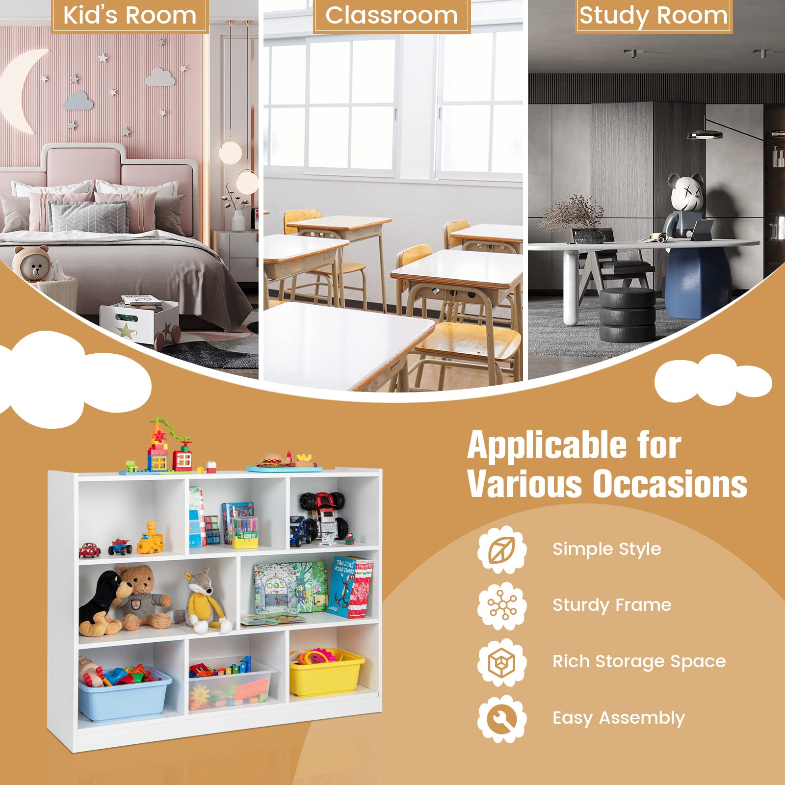 KOTEK Kids Bookshelf - 8 Cubby Toy Storage Organizer & Wooden 4-Tier Bookcase Cabinet | Open Display Shelf for Nursery, Playroom, School, Living Room & Bedroom | Perfect for Organizing Toys, Books & Decor (White, 8 Cubes)