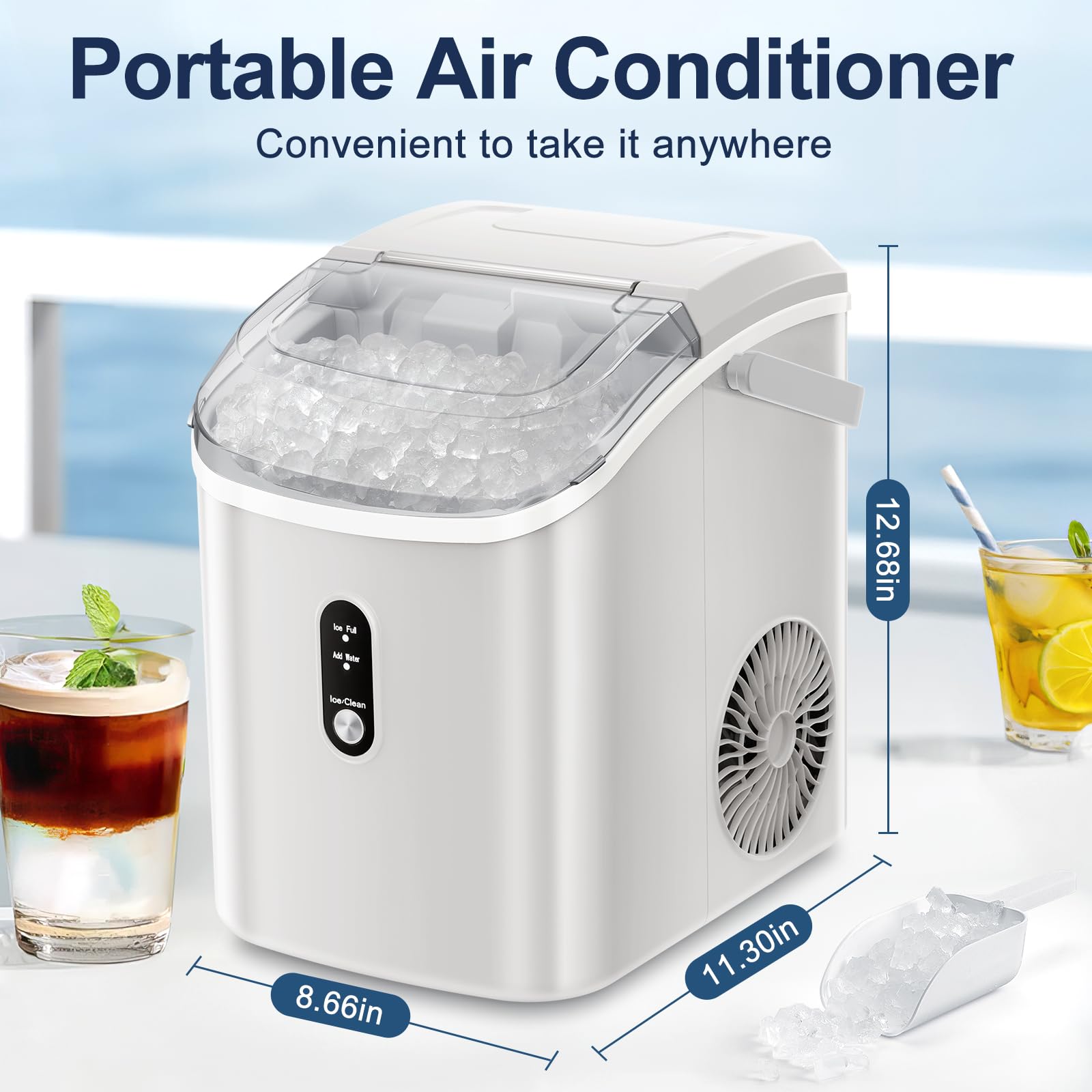ZAFRO Portable Countertop Ice Maker with Handle - 35.5Lbs/24H Fast Ice Production, Self-Cleaning Nugget Ice Machine with Ice Basket & Scoop - Perfect for Home, Office, Parties & Outdoor Use - White