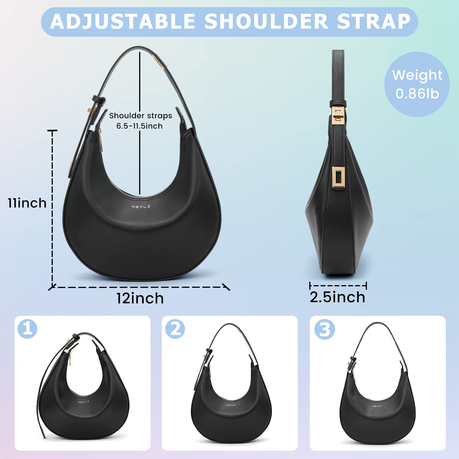 Keyli Adjustable Shoulder Bag for Women - Stylish 3-Way Strap Hobo Handbag with Zip Closure - Perfect for Work, Travel & Everyday Use