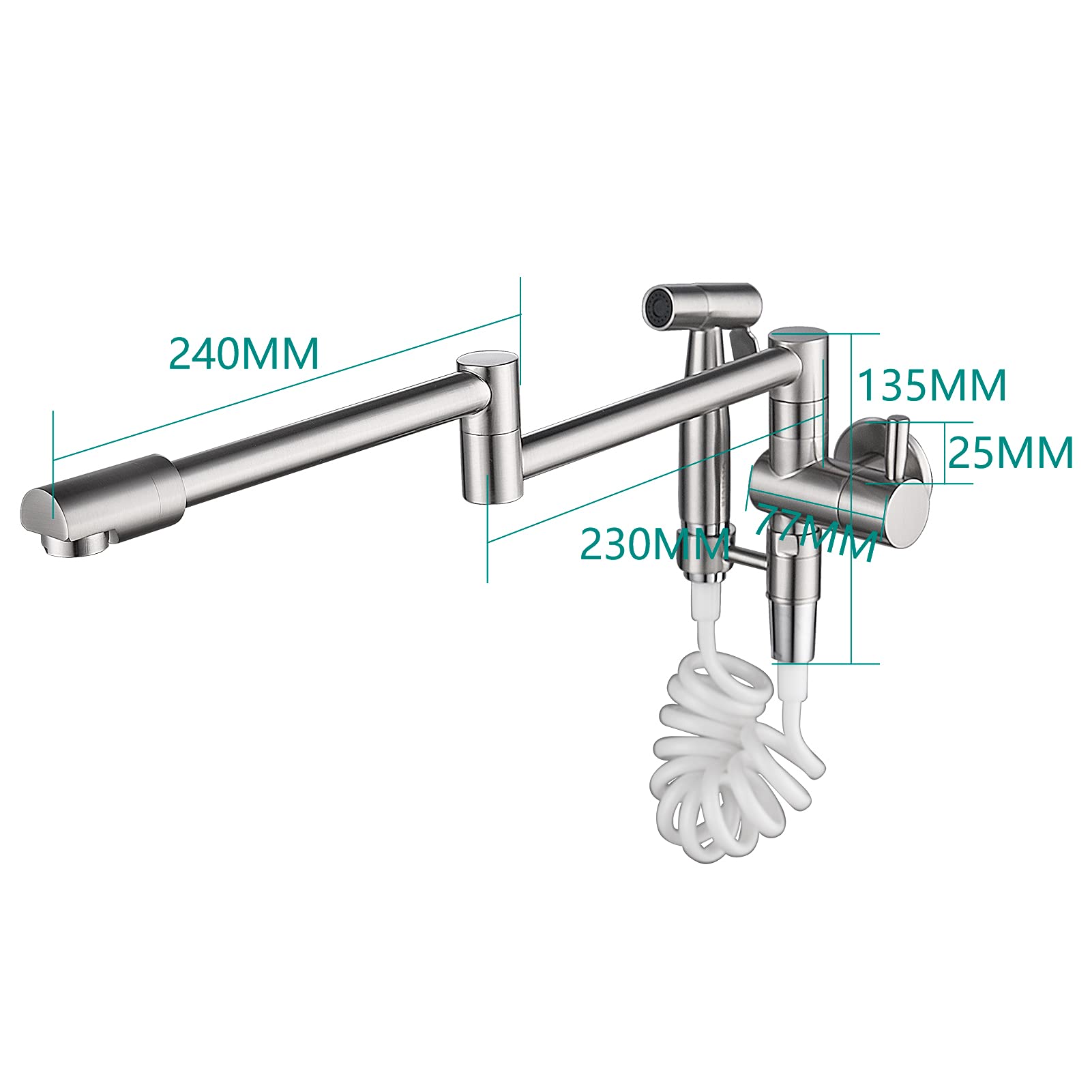 Brass Wall Mount Pot Filler Faucet - Single Hole Folding Stretchable Kitchen Sink Faucet with Sprayer in Brushed Nickel (CT169NA) - Perfect for Cooking, Filling Large Pots & Easy Kitchen Cleanup