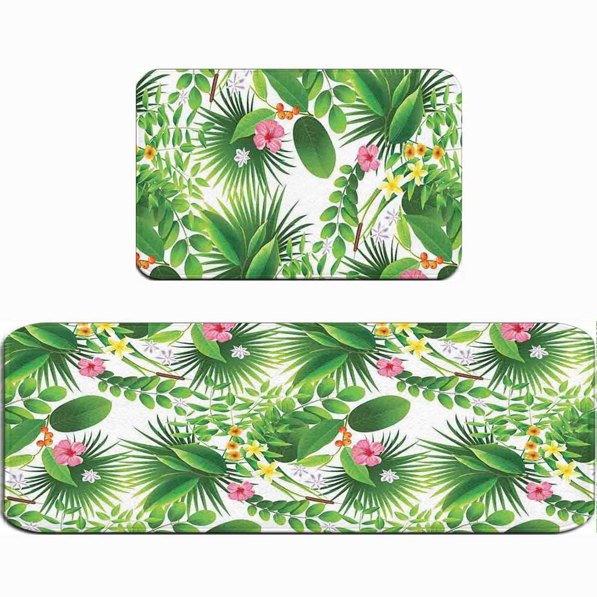 Premium Anti-Fatigue Kitchen Mat Set of 2 - Cushioned Non-Slip Floor Mats for Comfort & Support - Tropical Paradise Design (17.7