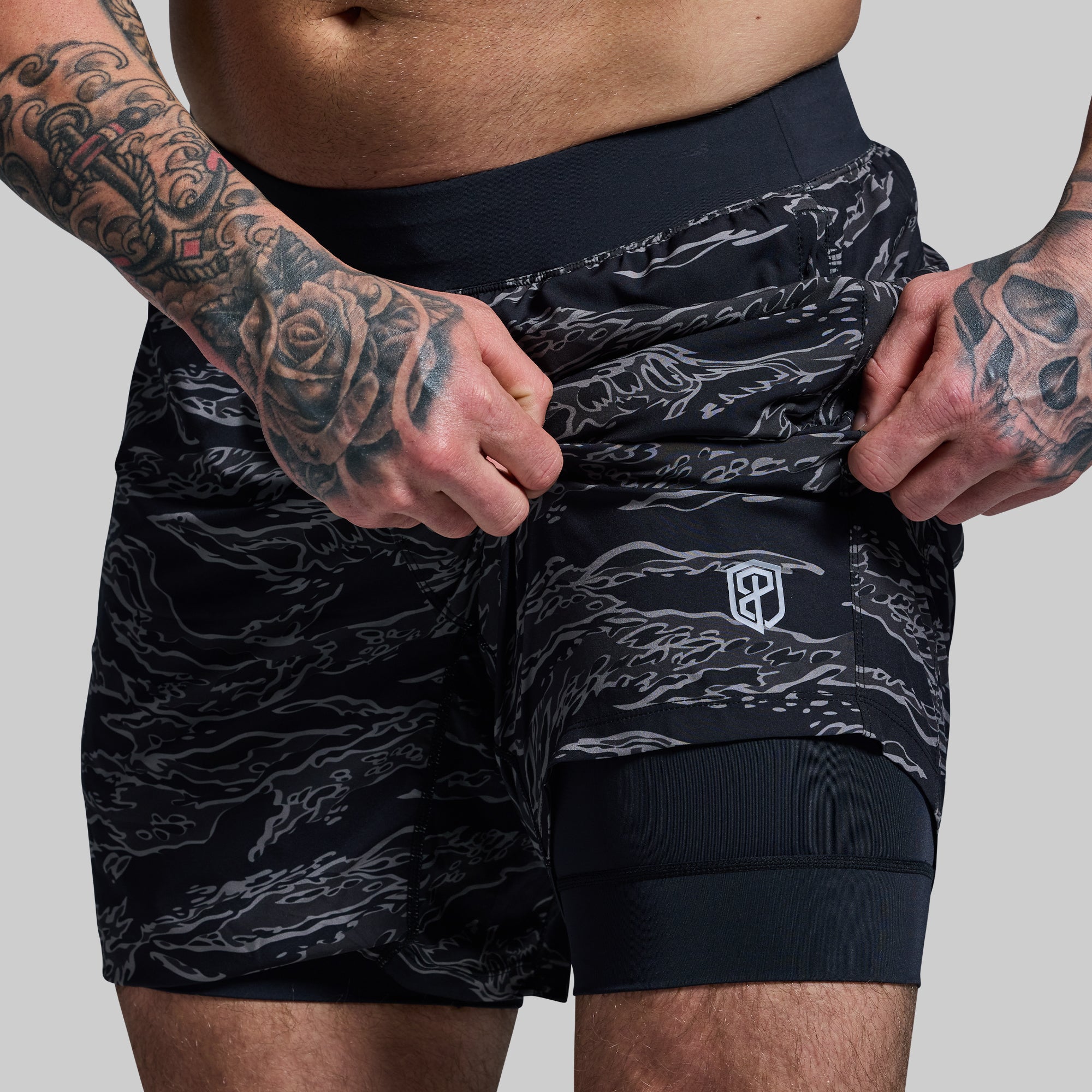 Versatile Compression Shorts with 7-Inch Inseam - Night Tiger Design for Running, Gym & Active Lifestyle