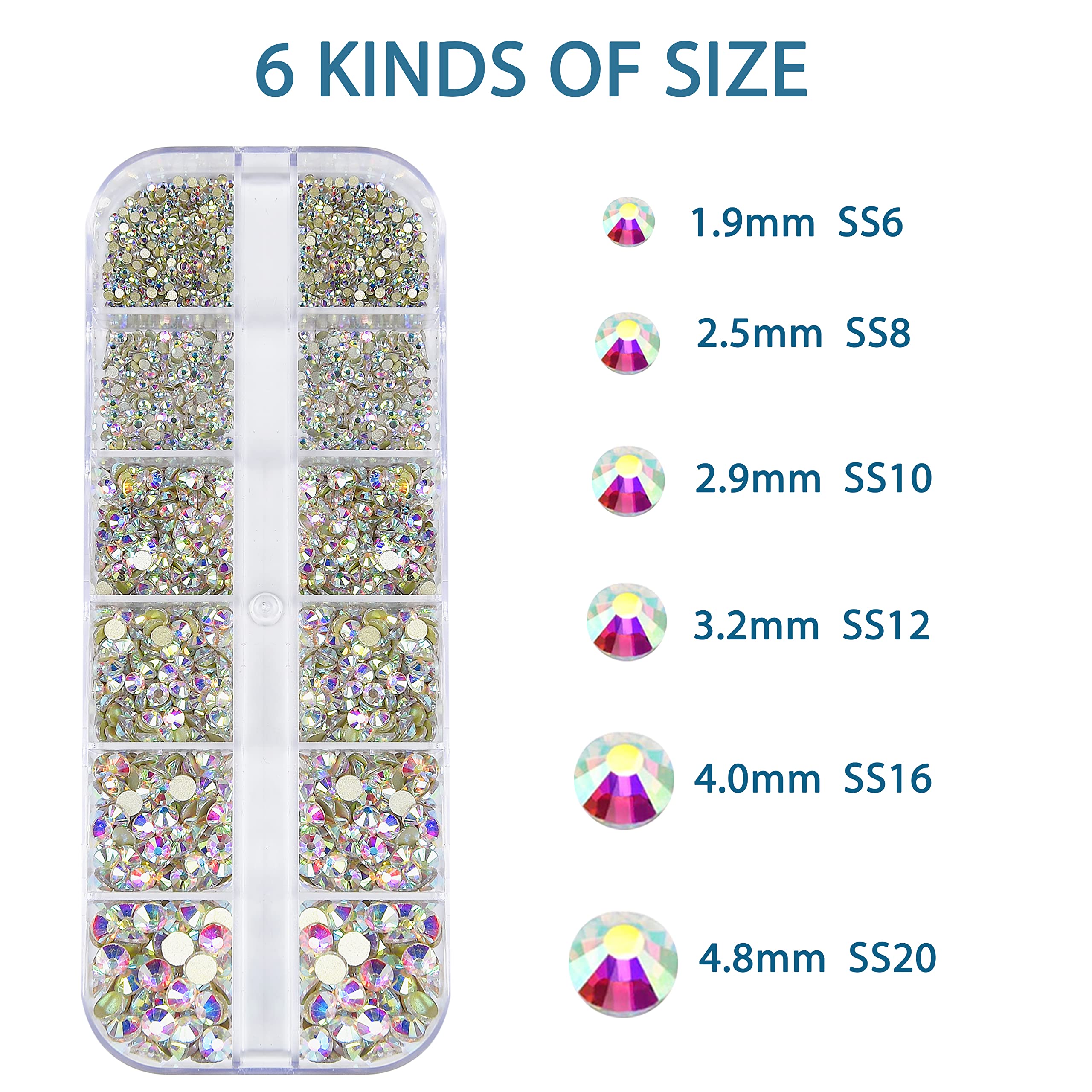 2400Pcs Flat Back Rhinestones - 6 Sizes (1.9-4.5mm) Crystal AB Gems with Storage Box, Wax Pencil & Tweezers for Nail Art, Clothing, Shoes, Bags & DIY Crafts - Perfect for Jewelry Making, Home Decor & Gift Packaging