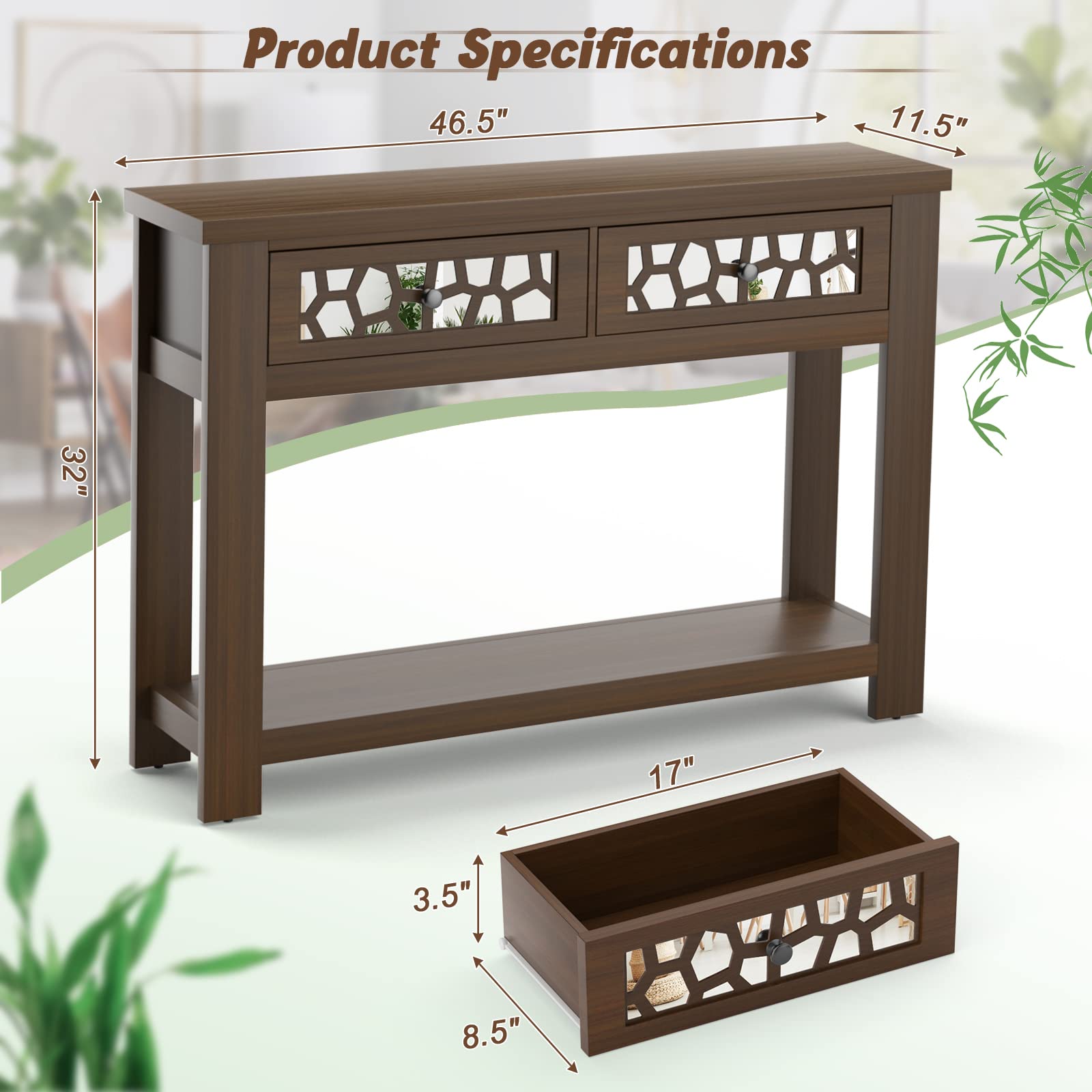 Giantex 2-Tier Wooden Console Table with 2 Drawers & Open Shelf - Rustic Brown Entryway Table for Living Room, Hallway & Foyer - Easy Assembly Rectangular Accent Table for Home Decor & Storage